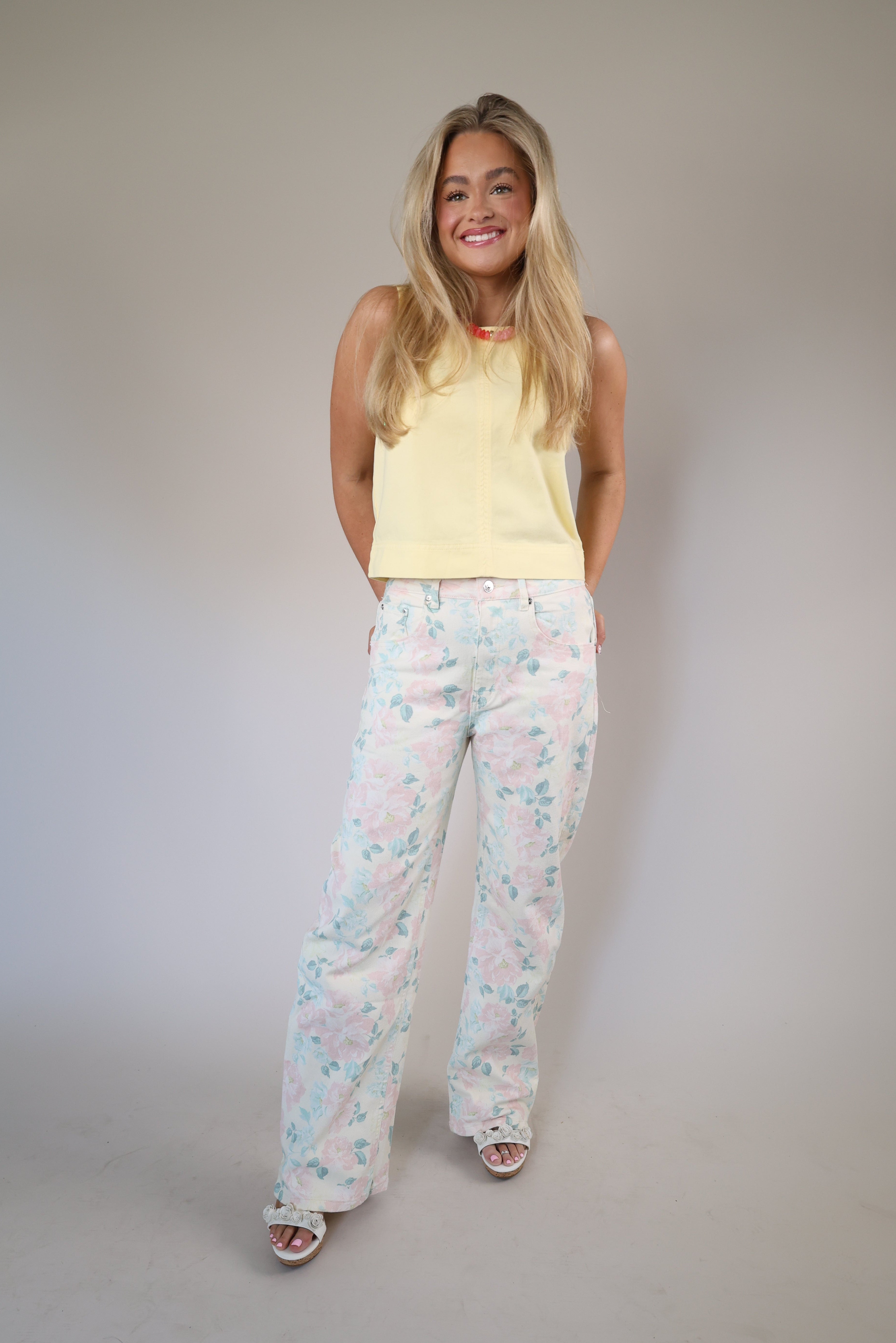 Steve Madden floral denim wide leg jeans with front and back pockets