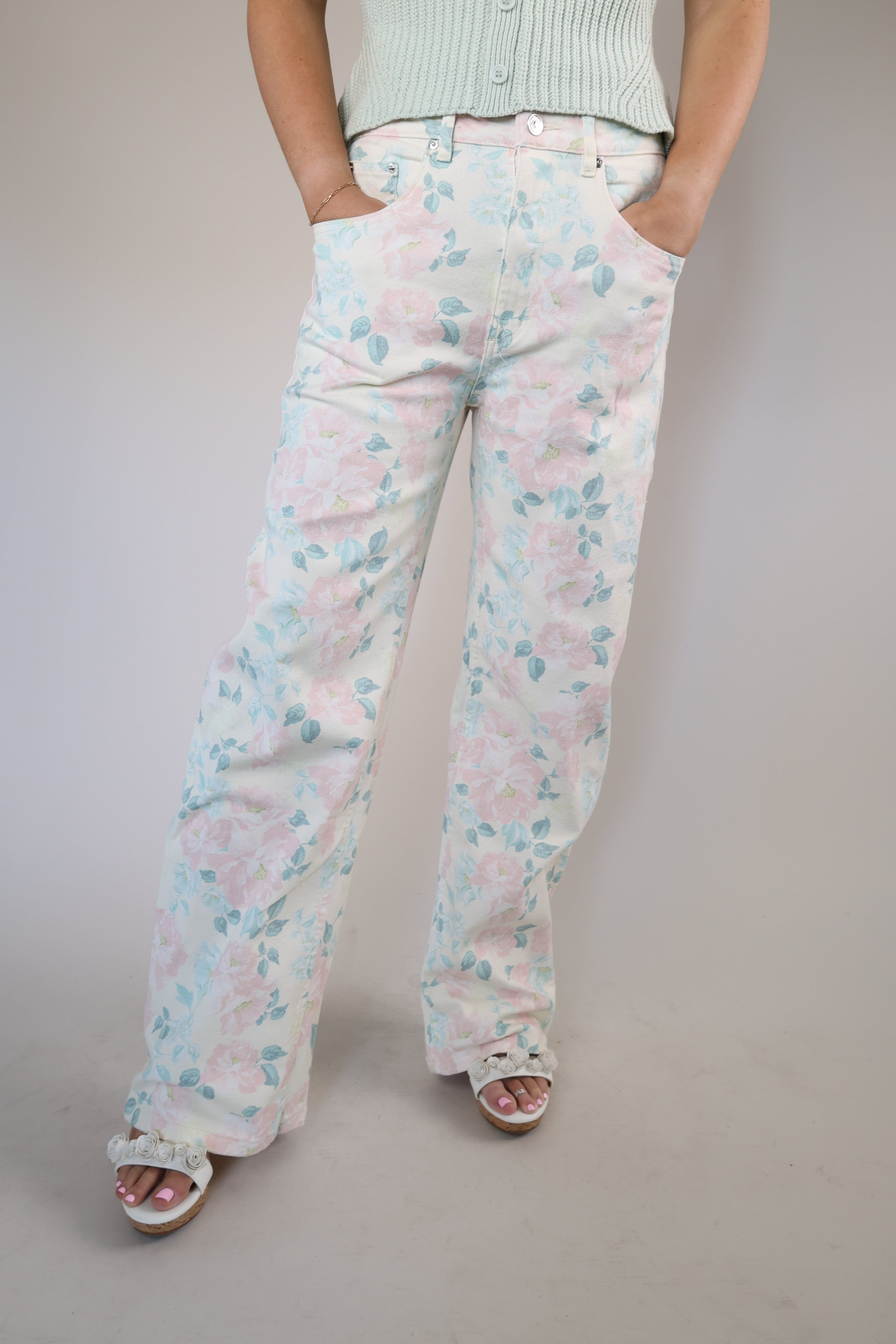 Steve Madden Sydnee floral wide leg jeans in peach beige
