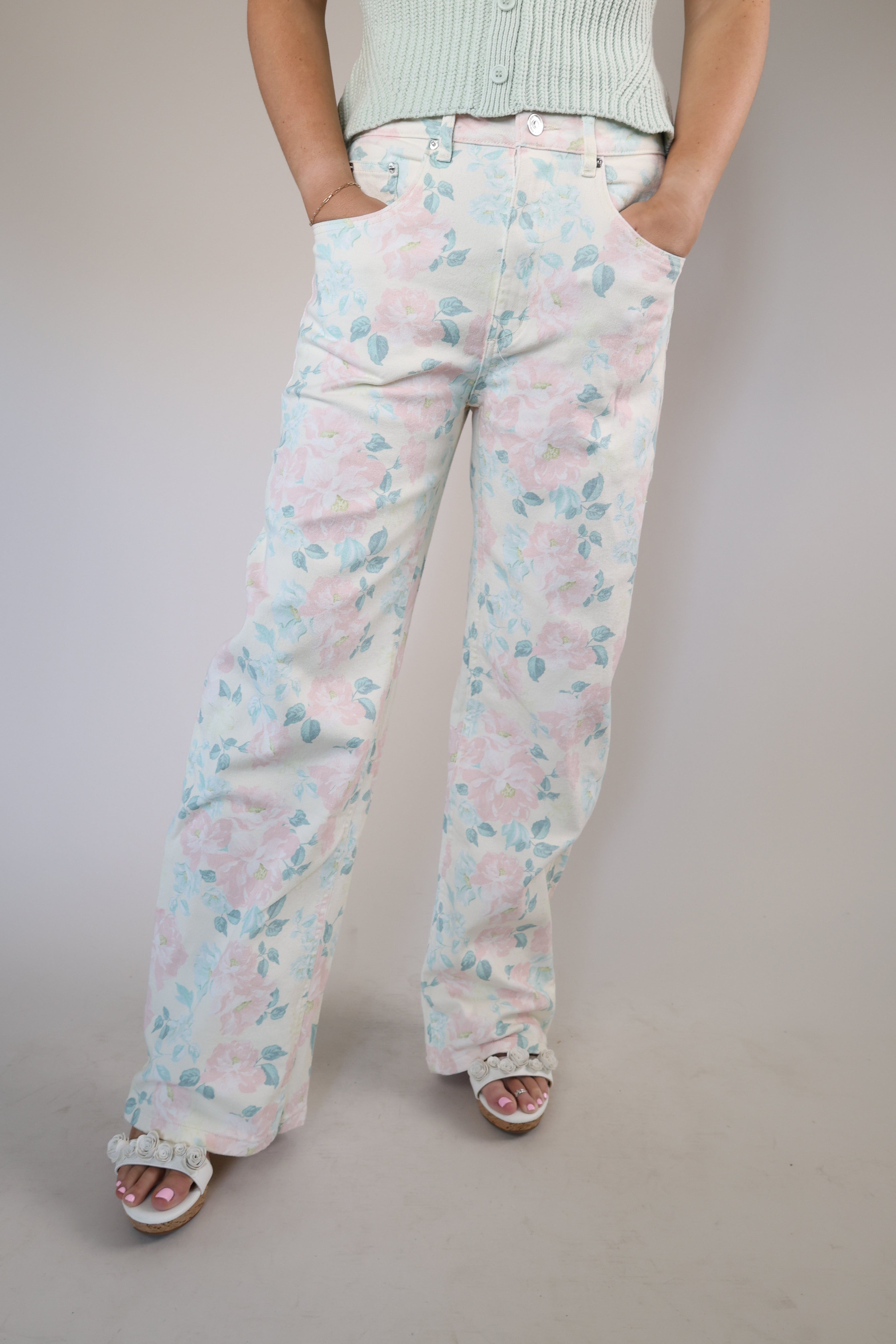 Steve Madden Sydnee floral wide leg jeans in peach beige