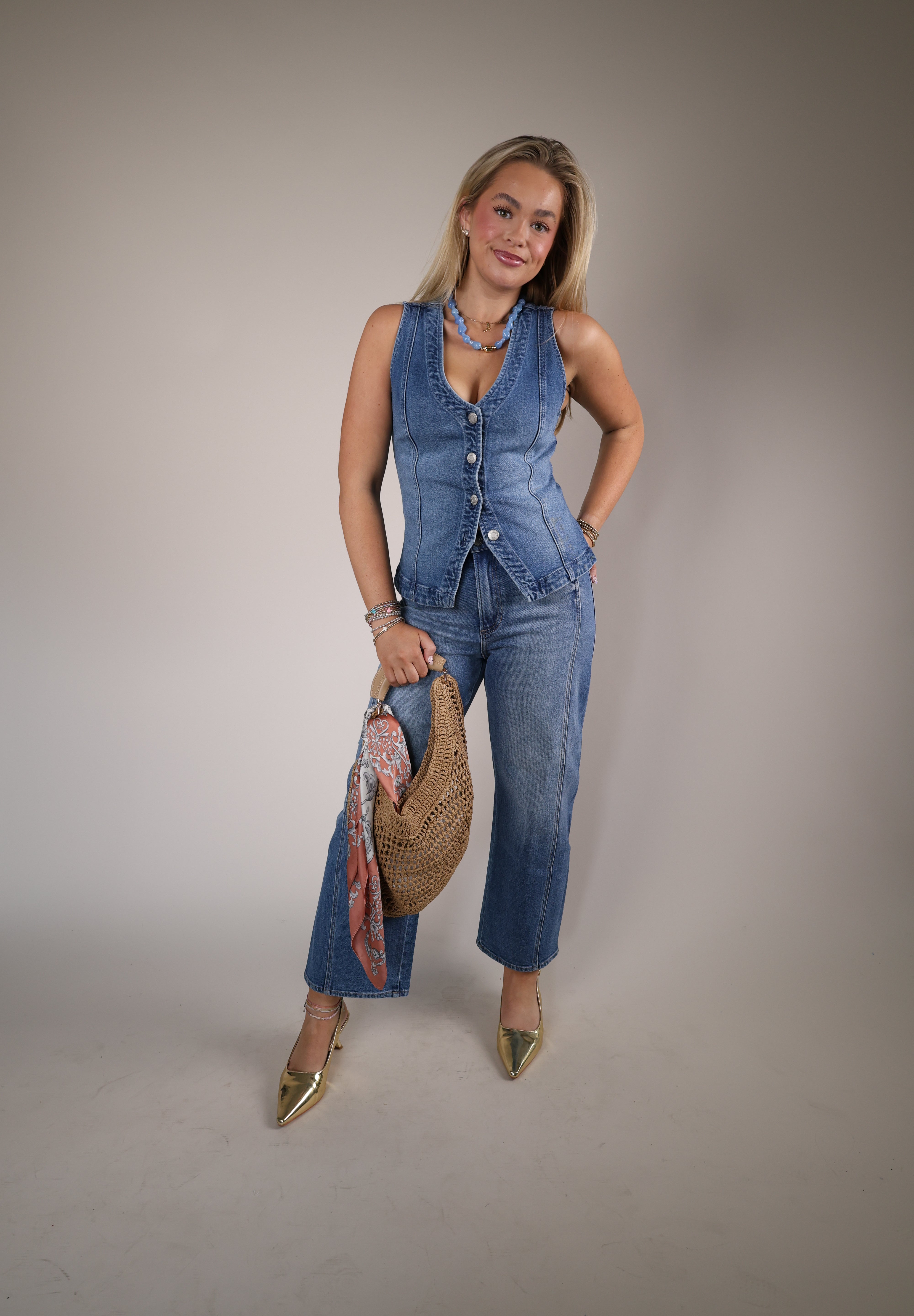 Porto denim vest Shear Boutique spring 2026 women’s sleeveless denim top fitted button front vest