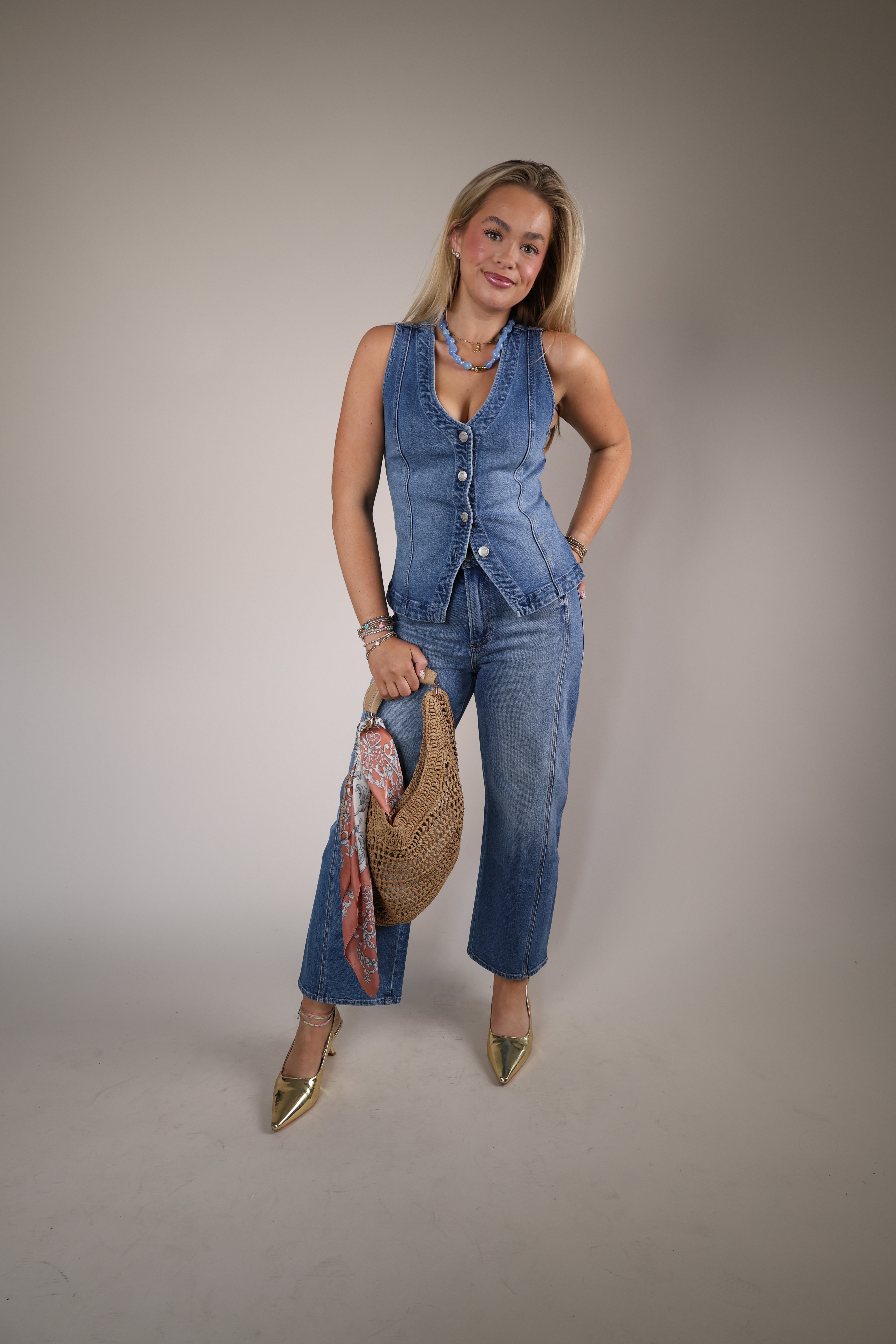 Porto denim vest Shear Boutique spring 2026 women’s sleeveless denim top fitted button front vest