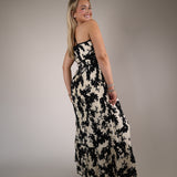 Shear Boutique ivory floral maxi dress spring 2026 women’s tiered maxi dress black trim feminine spring outfit