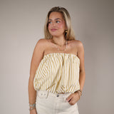 Women’s yellow striped strapless top Shear Boutique spring collection 2026 bubble hem top breezy warm weather look