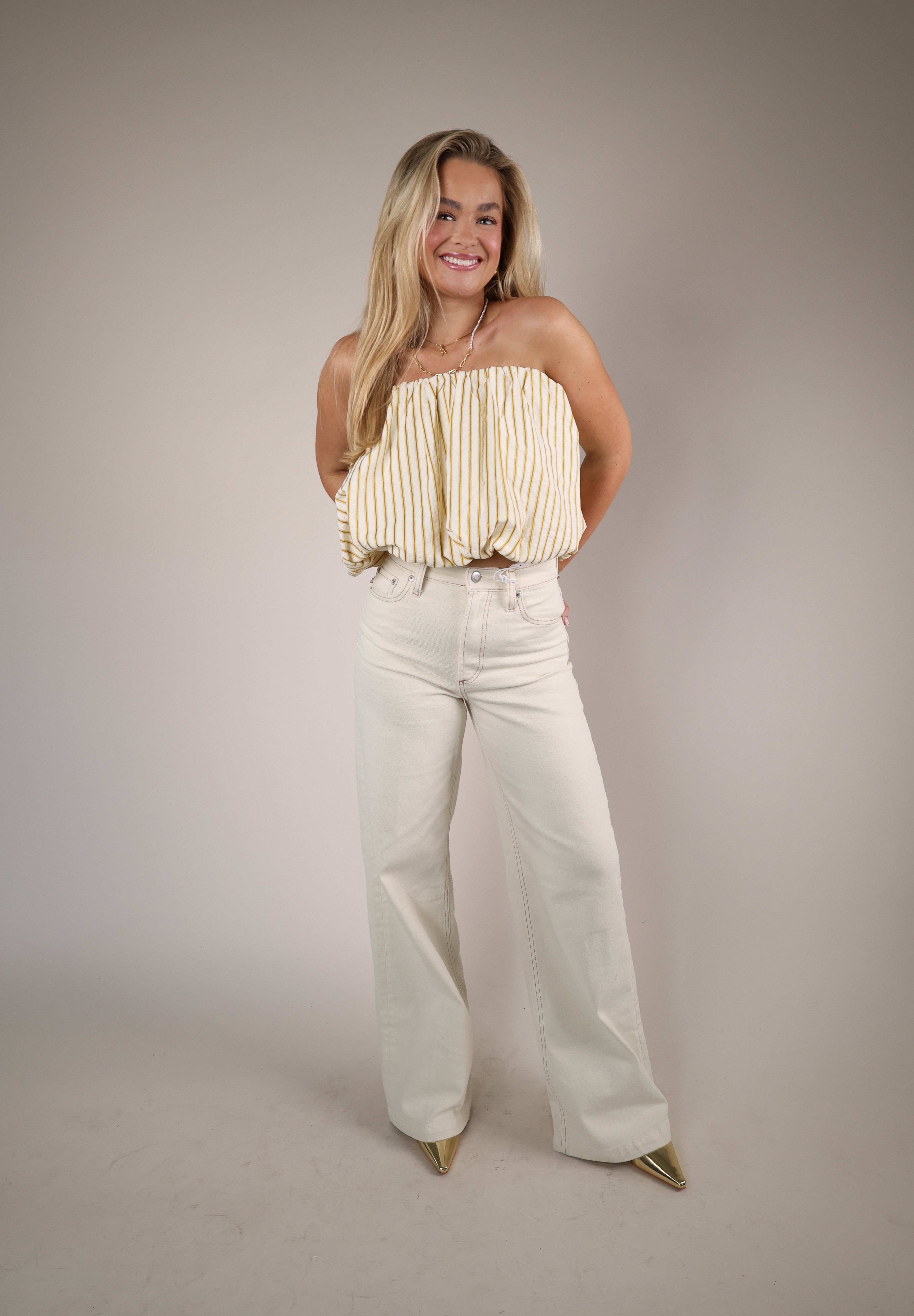 Shear Boutique Spring 2026 citron stripe strapless bubble top yellow striped summer top romantic airy silhouette