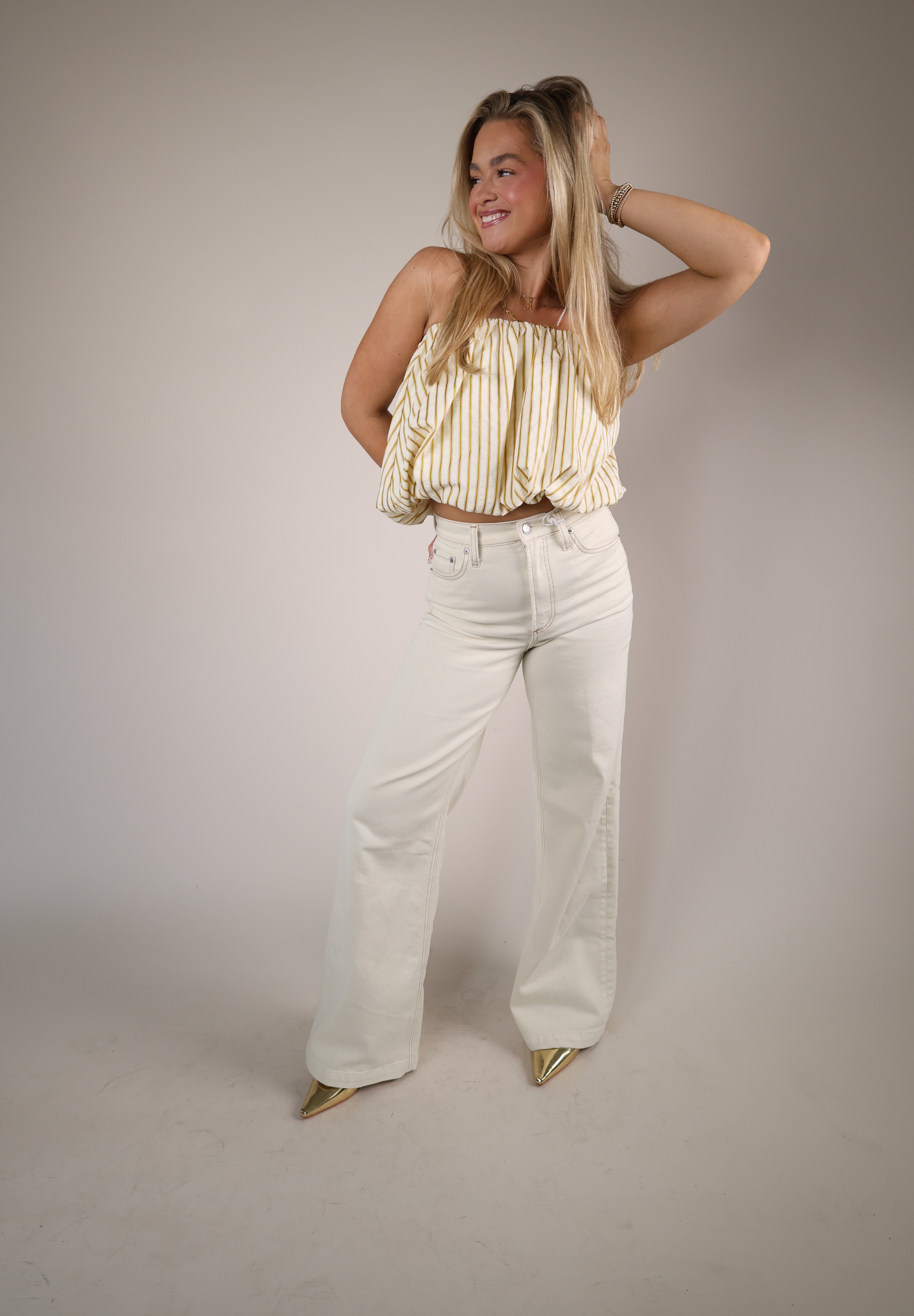 Shear Boutique citron stripe top spring 2026 strapless bubble top lightweight summer outfit feminine style