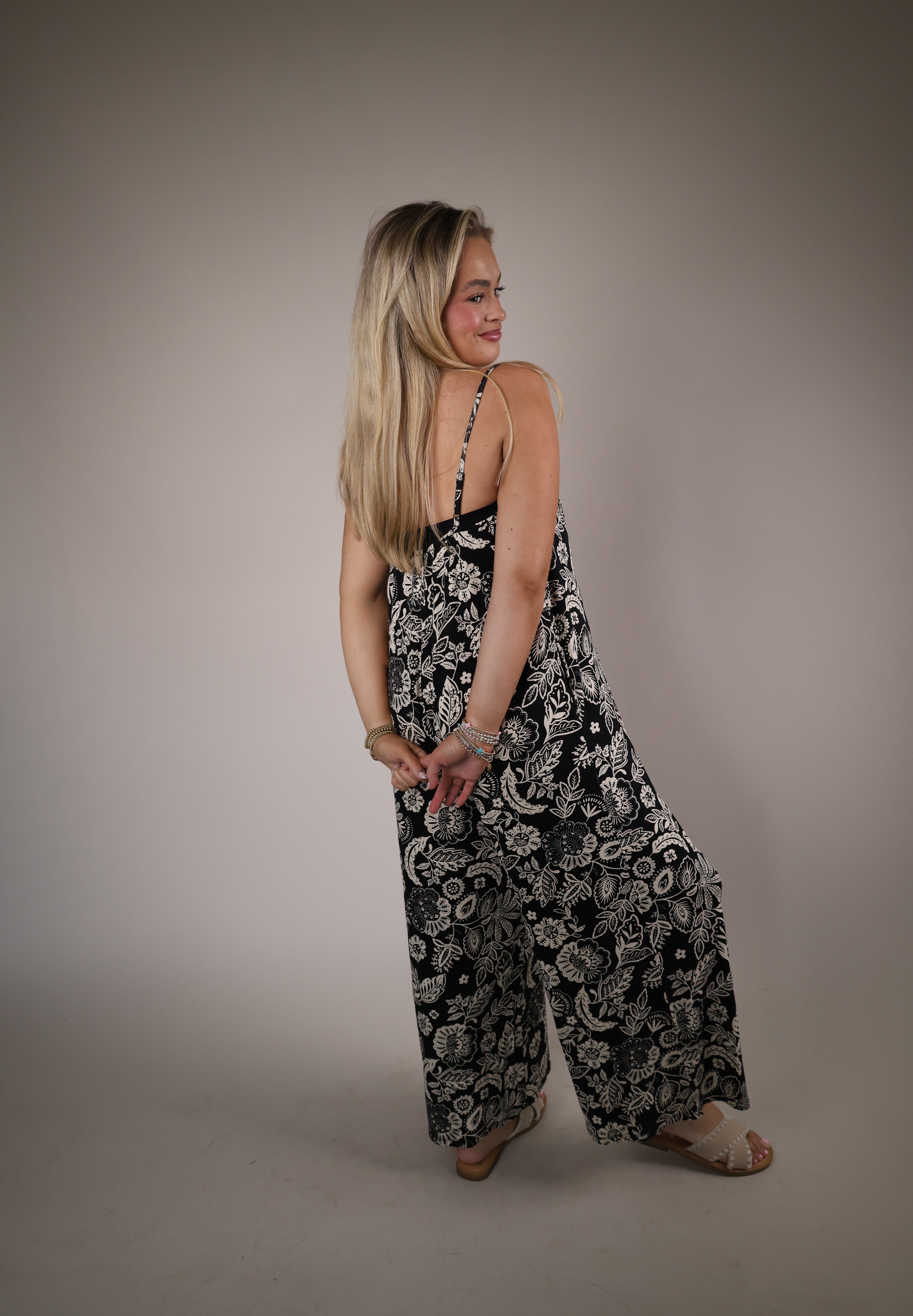 Women’s floral jumpsuit Shear Boutique spring collection 2026 black print jumpsuit easy throw on outfit