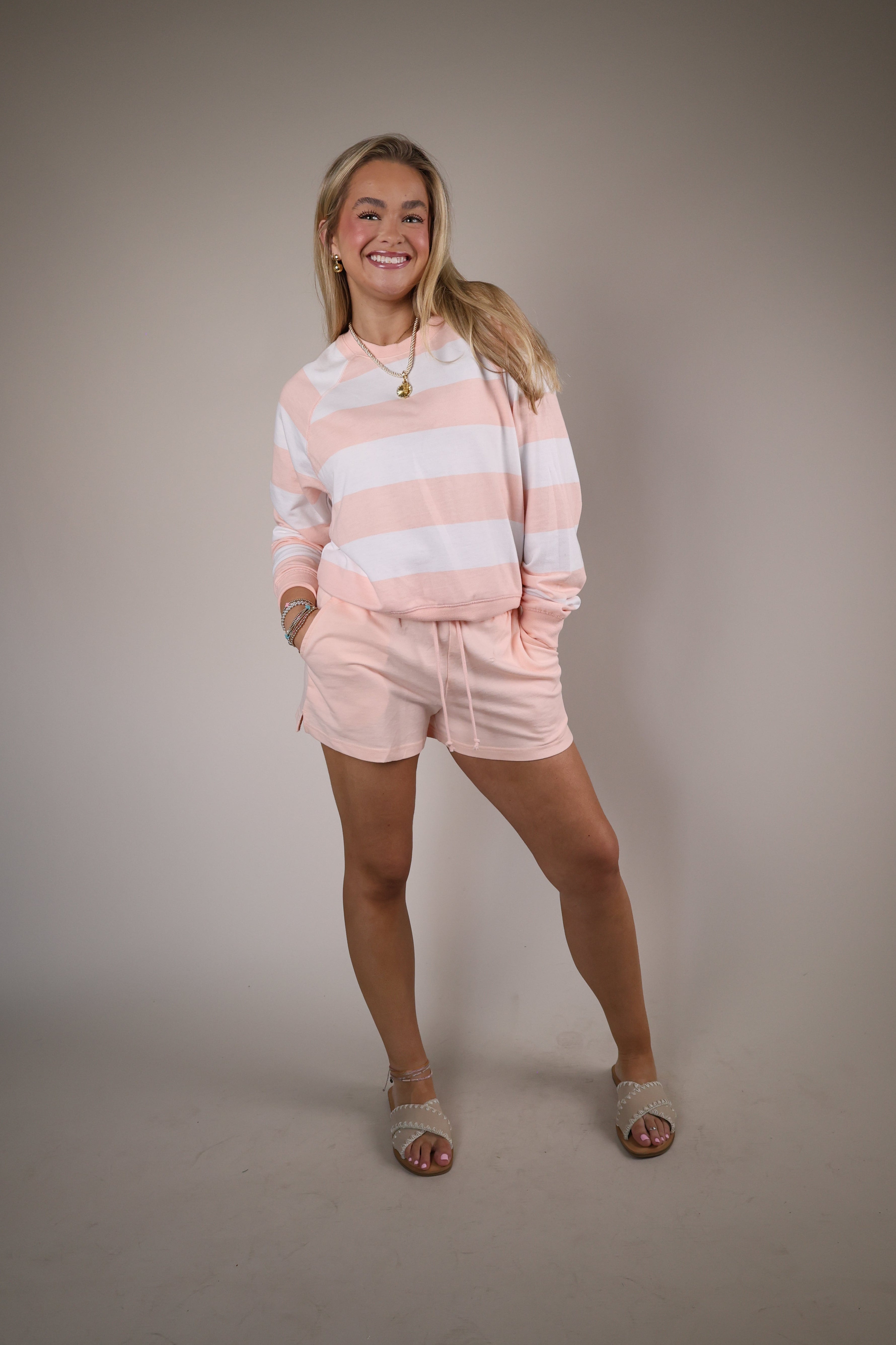 Saldana stripe sweatshirt Shear Boutique spring 2026 peach striped top matching set cozy casual outfit