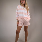 Shear Boutique peach shorts spring 2026 relaxed lounge shorts cozy matching set with striped sweatshirt