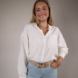 Women’s white button up shirt Shear Boutique spring collection 2026 lightweight drapey blouse casual chic outfit