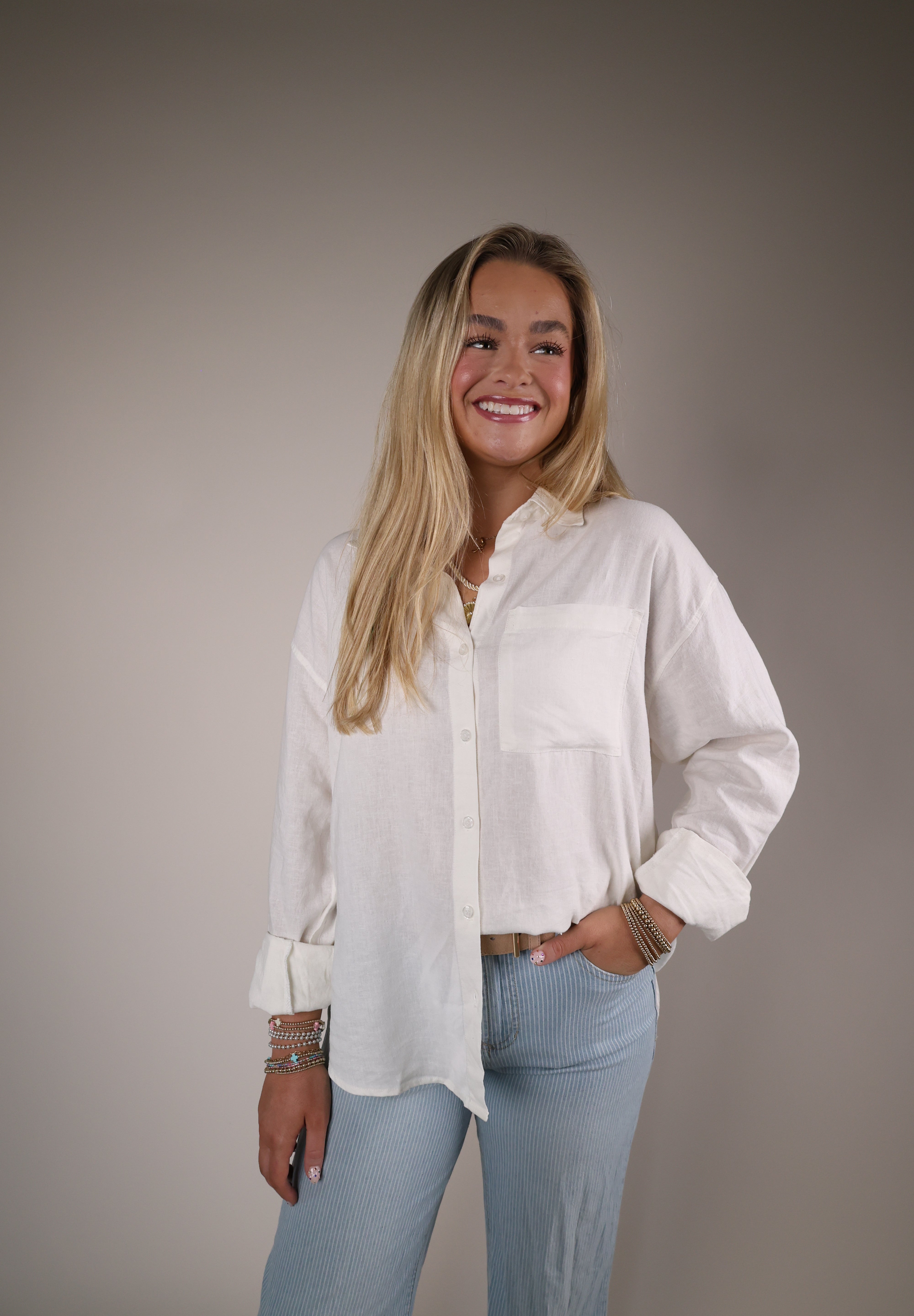 The Perfect Button Up Shear Boutique spring 2026 white oversized shirt lightweight layering piece casual outfit