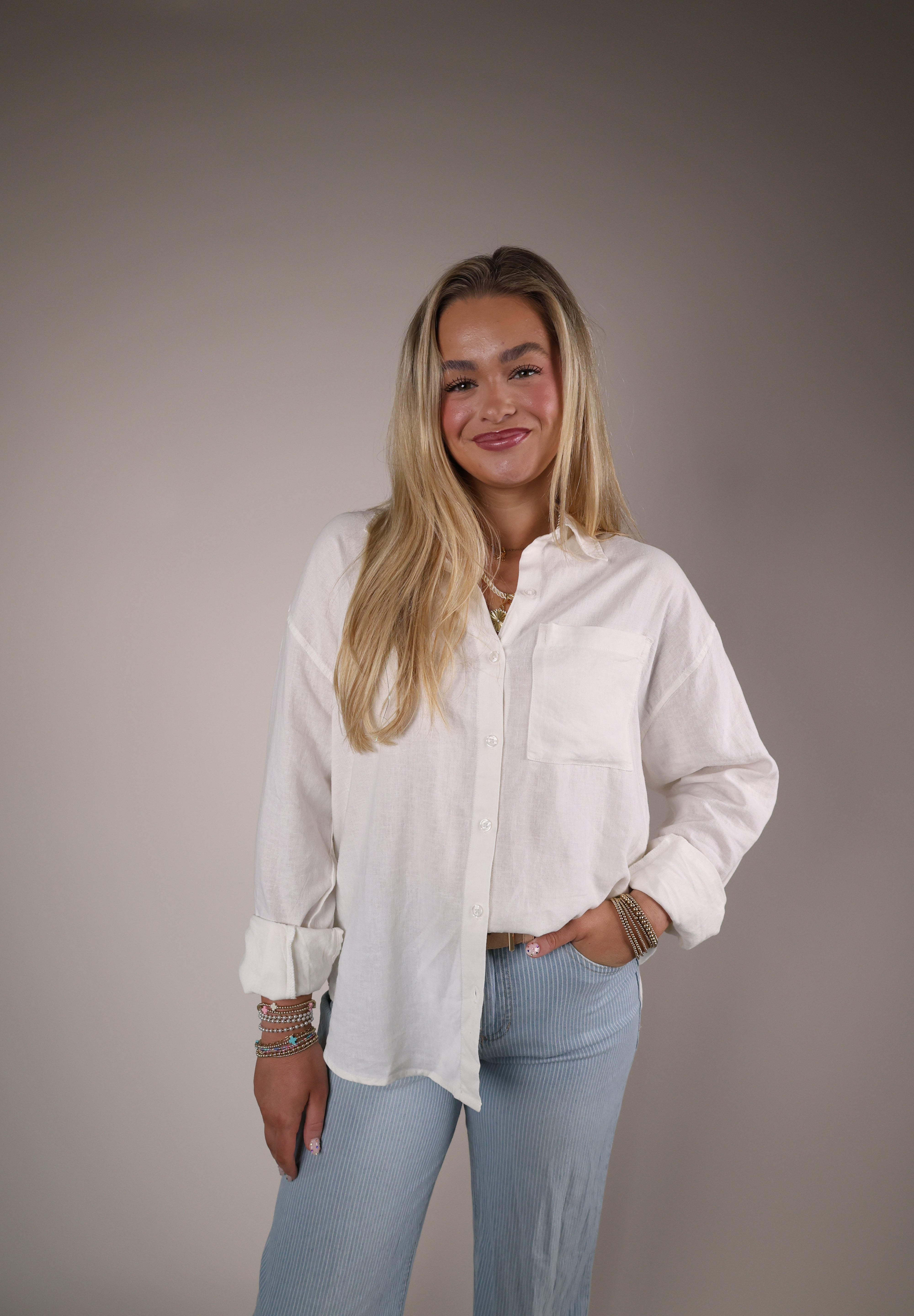 Shear Boutique Spring 2026 white button up shirt lightweight relaxed fit women’s classic everyday top