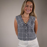 Shear Boutique spring 2026 navy gingham top cropped tie front top retro inspired summer outfit