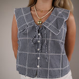 Women’s navy gingham cropped top Free People Shear Boutique spring collection 2026 tie front collar top