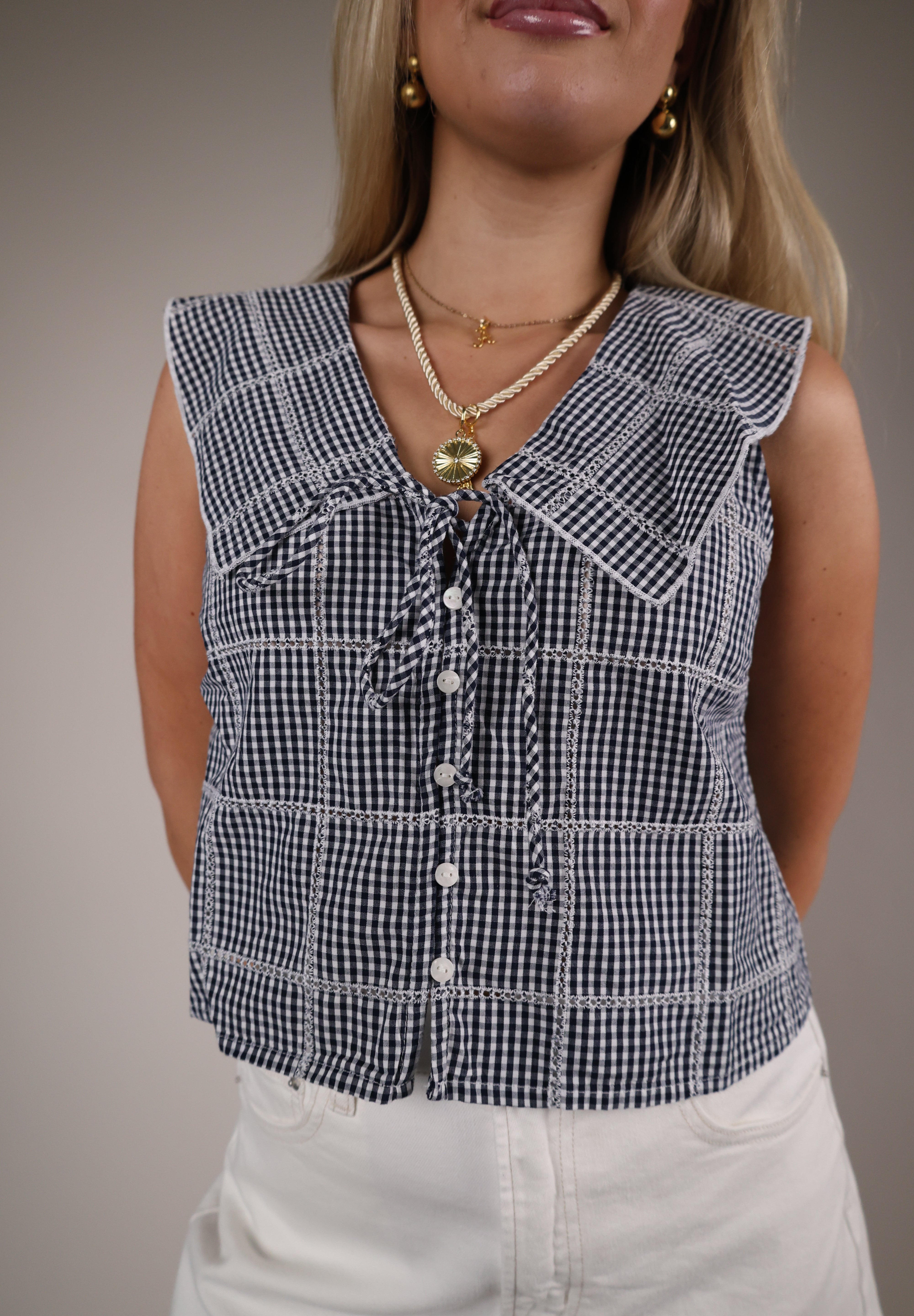 Women’s navy gingham cropped top Free People Shear Boutique spring collection 2026 tie front collar top