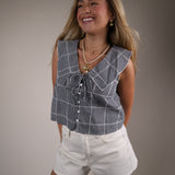 Shear Boutique gingham top spring 2026 navy plaid cropped top with statement collar and front tie detail