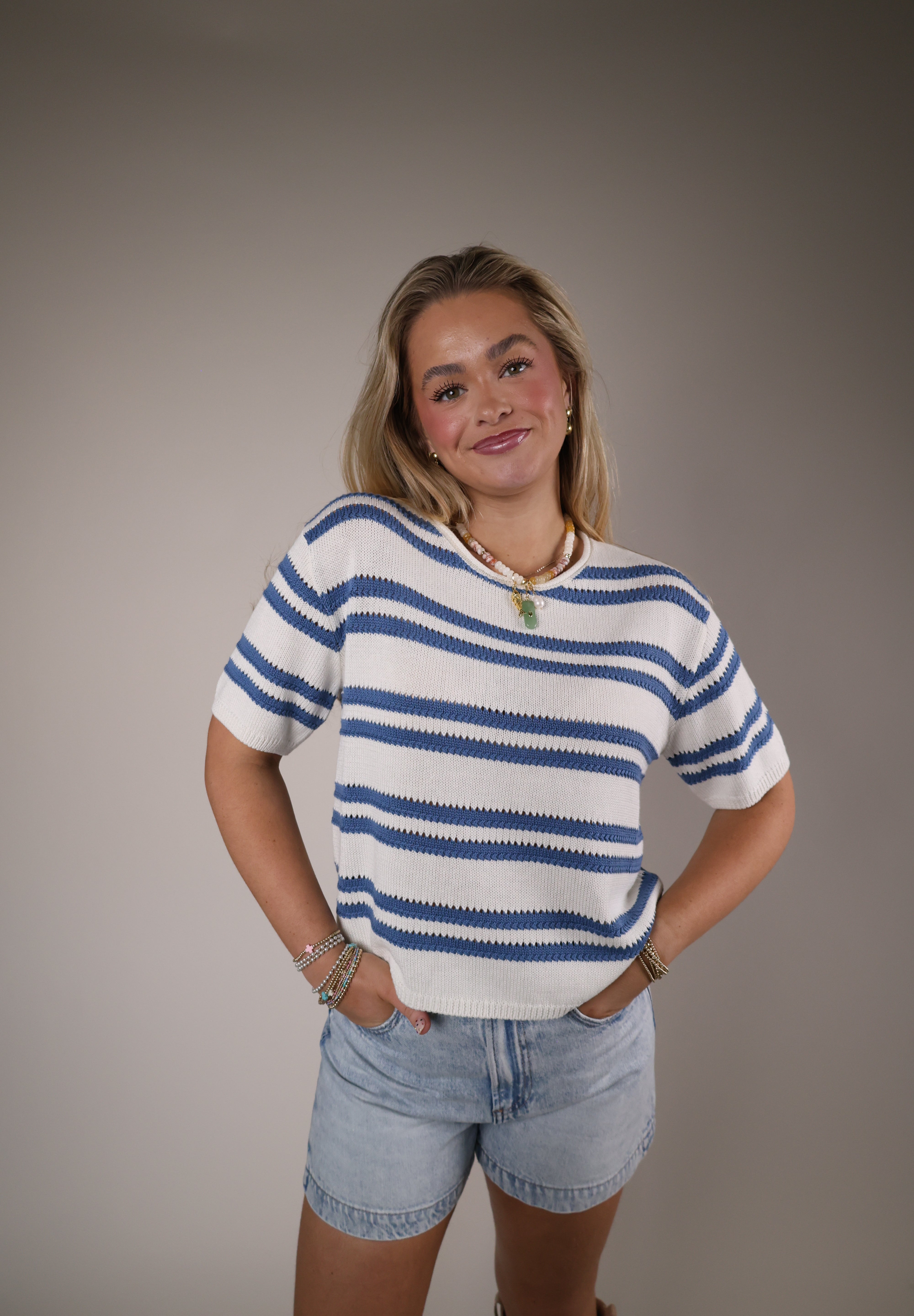Shear Boutique Spring 2026 striped sweater tee blue and white lightweight knit cropped t shirt relaxed fit