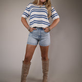 Women’s striped knit t shirt Shear Boutique spring collection 2026 blue and white sweater tee casual chic