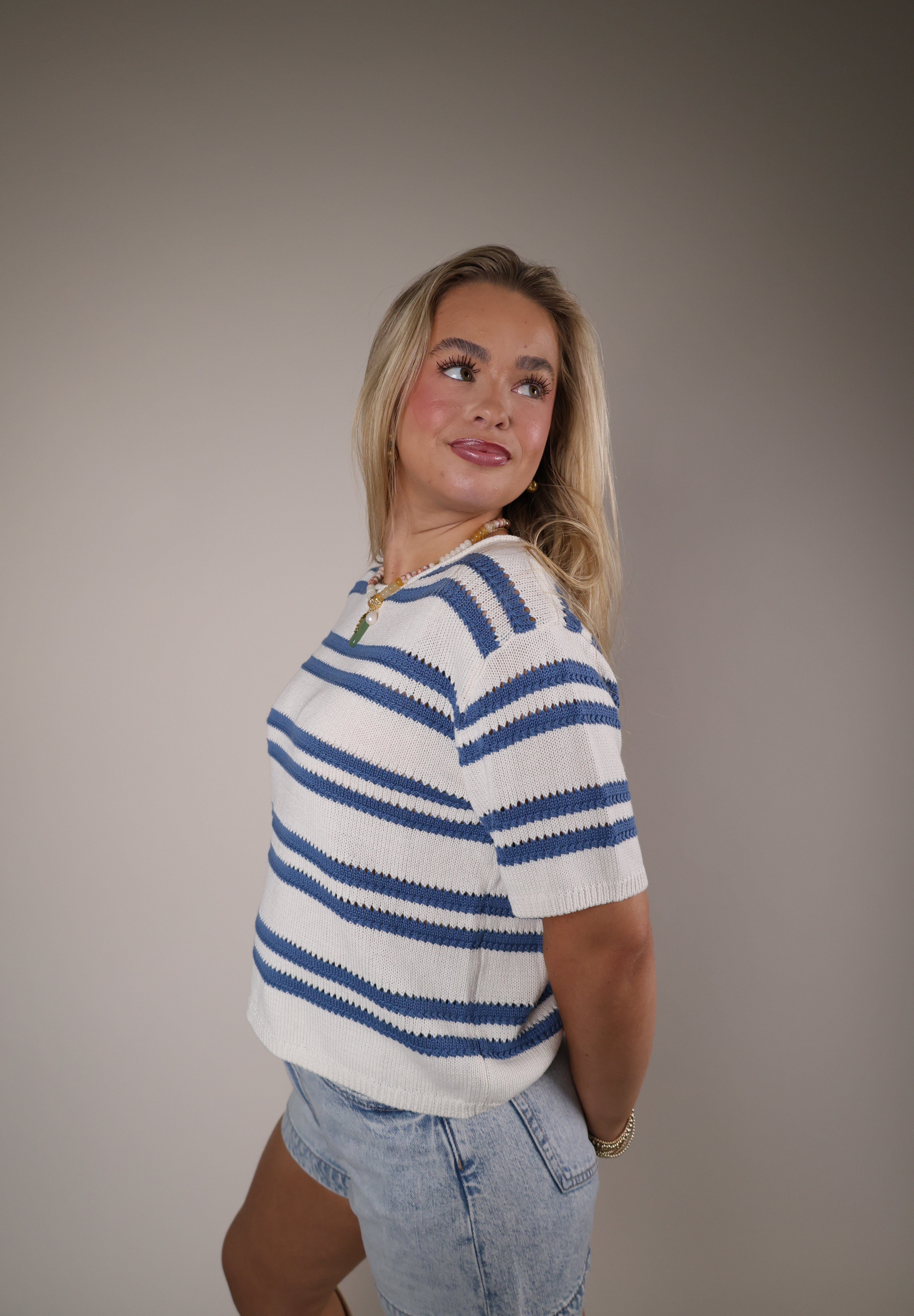 Prado Stripe Sweater Tee Shear Boutique spring 2026 blue striped knit tee casual everyday outfit