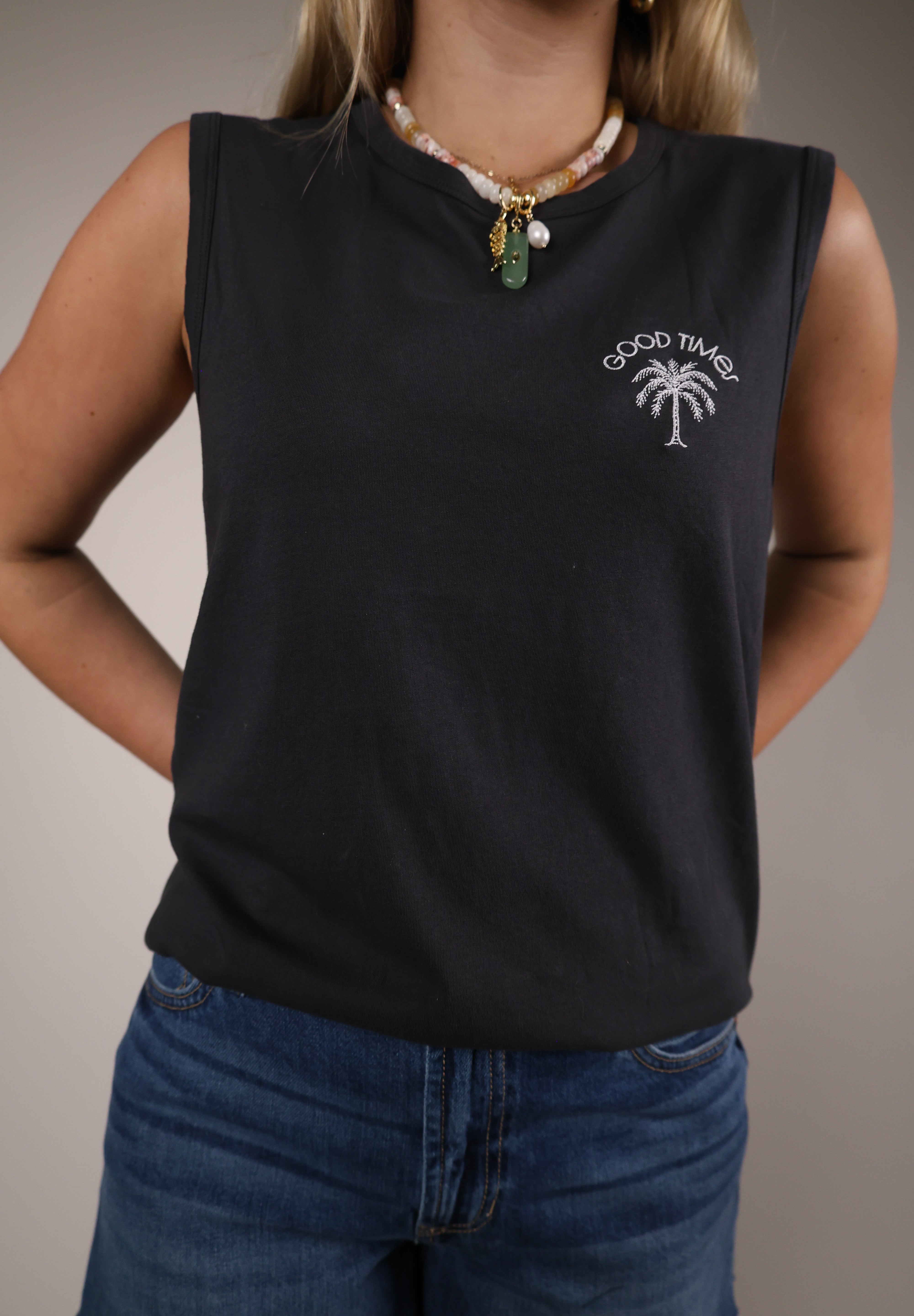 Good Times muscle tank Shear Boutique spring 2026 graphic tank top lightweight relaxed fit sunny day outfit