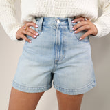 Light blue Pistola Saige shorts featuring a high waist, structured denim, and subtle fading detail.