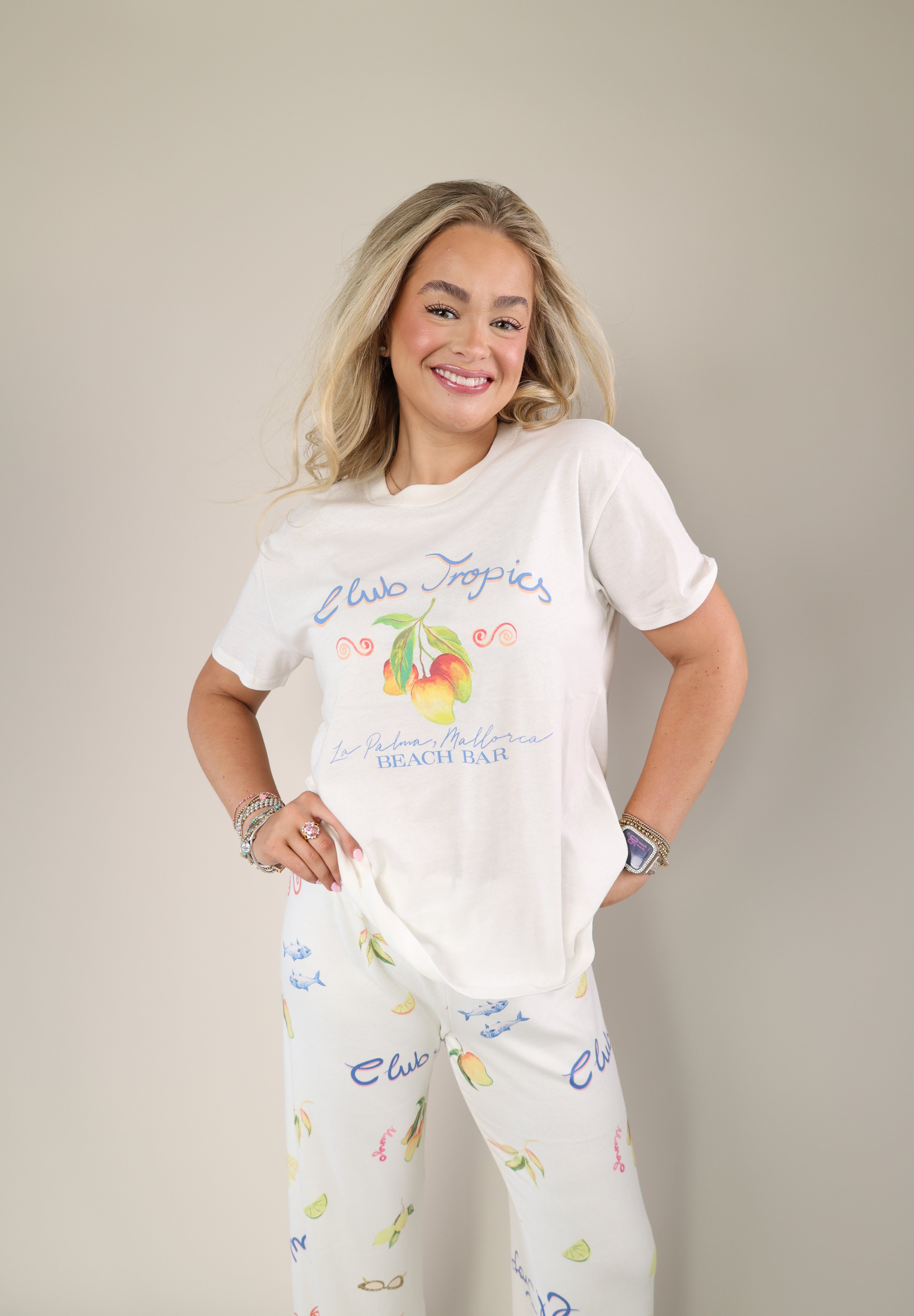 Women’s Z Supply Club Tropics t-shirt featuring a cream cotton base and vibrant fruit-inspired graphic.