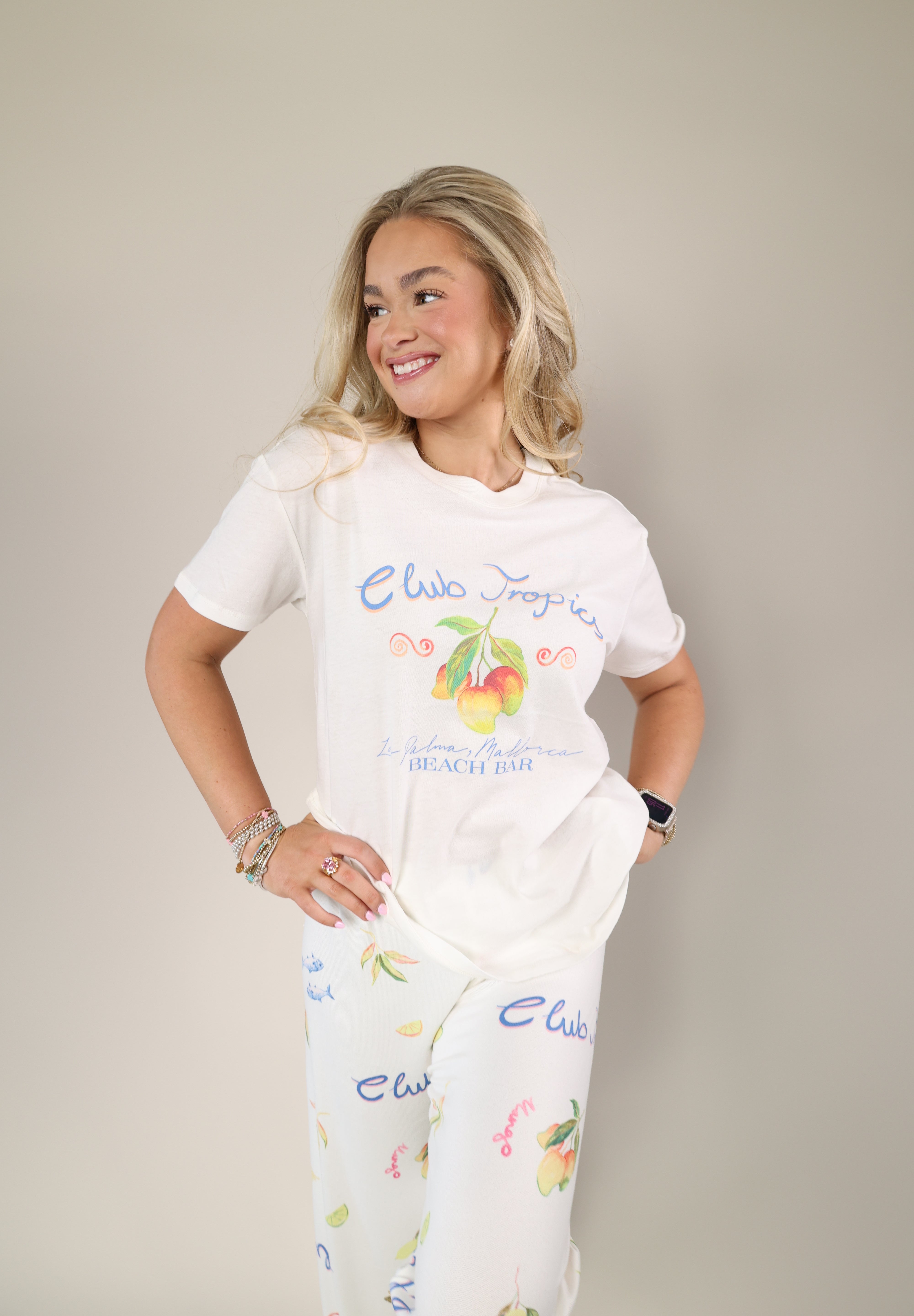 Z Supply Club Tropics Boyfriend Tee in soft cream with colorful tropical graphic and relaxed fit.