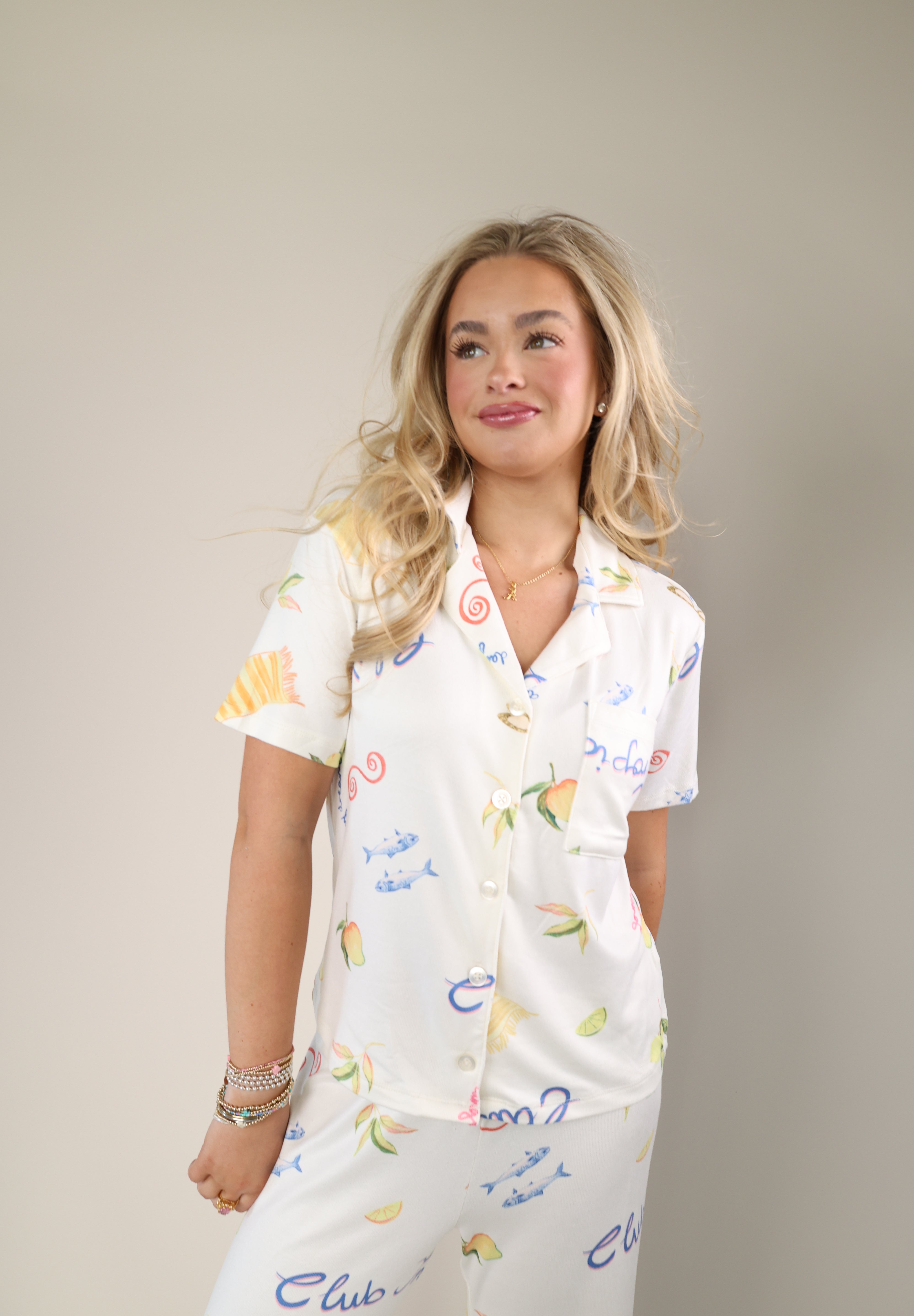 Relaxed Z Supply Beach Days PJ top with button front and whimsical seaside print.