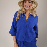 Z Supply Helena top in cobalt blue with a collared neckline and easy relaxed fit.