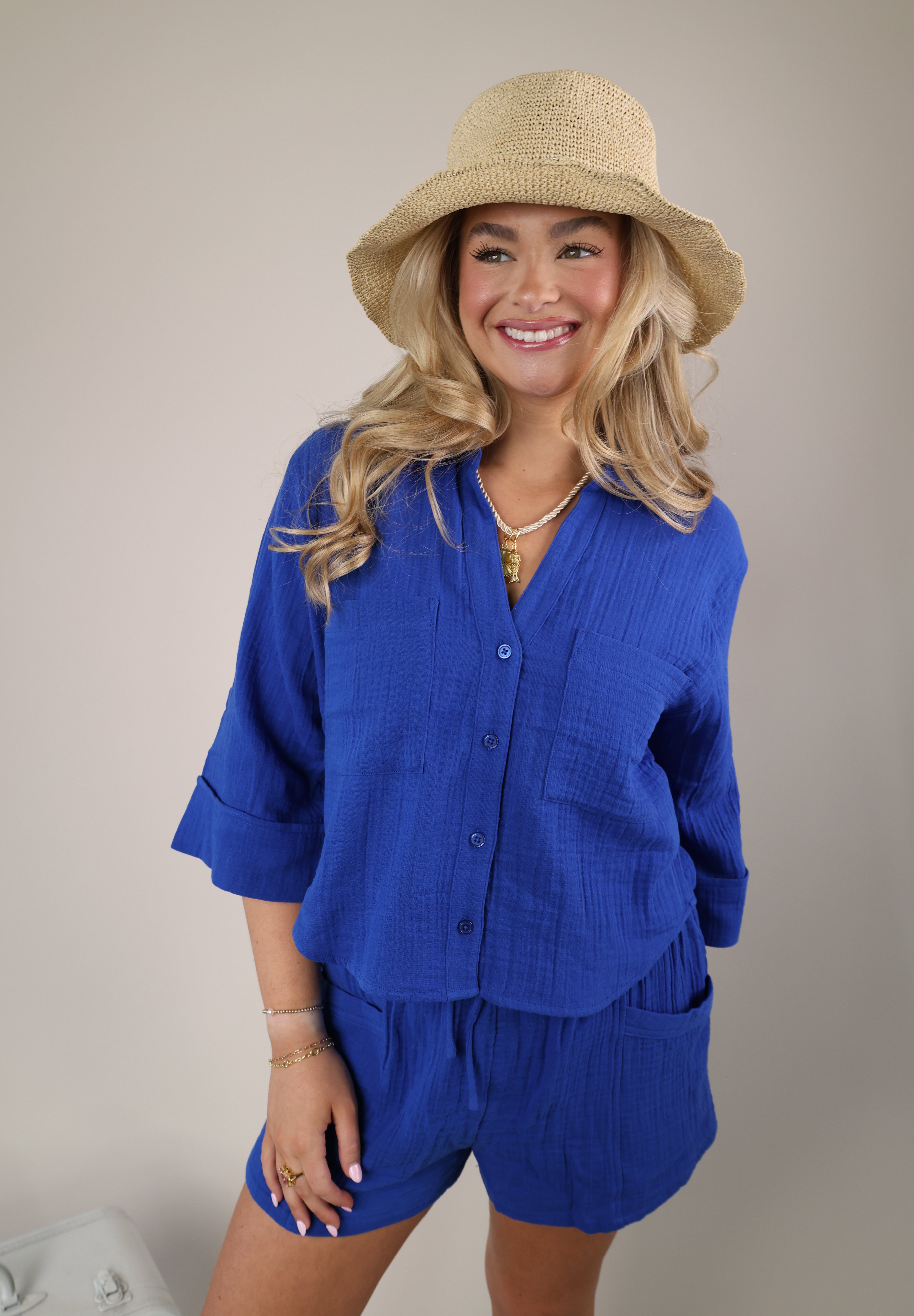 Z Supply Helena top in cobalt blue with a collared neckline and easy relaxed fit.