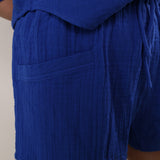 Relaxed Z Supply Emroy shorts in blue gauze fabric with a comfortable elastic waist and loose fit.