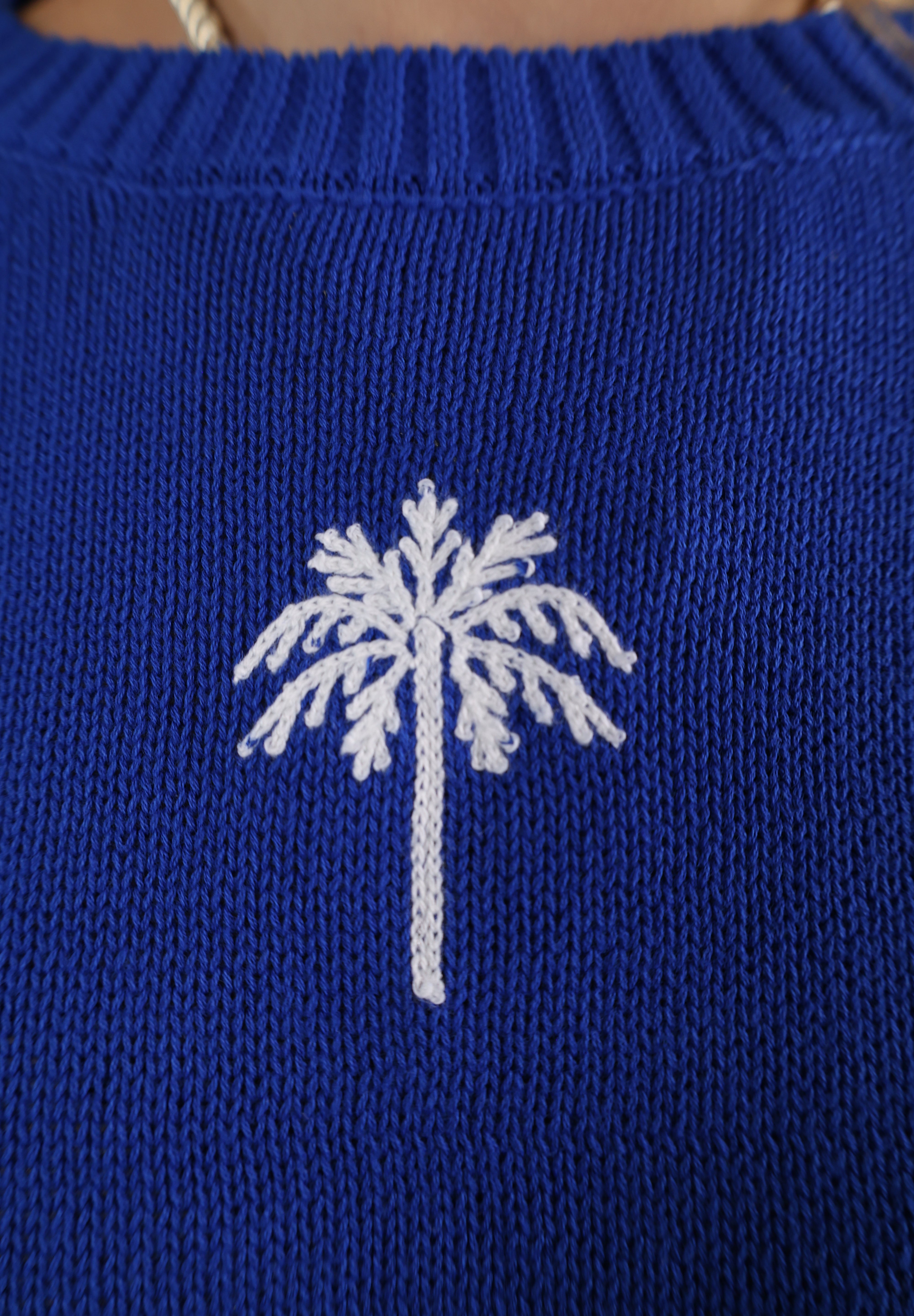 Soft Z Supply Sienna Palm sweater in blue with white palm pattern and cozy crewneck style.