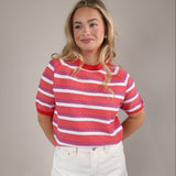 Sundry pink and white striped crewneck sweater with short sleeves and a comfortable knit design.