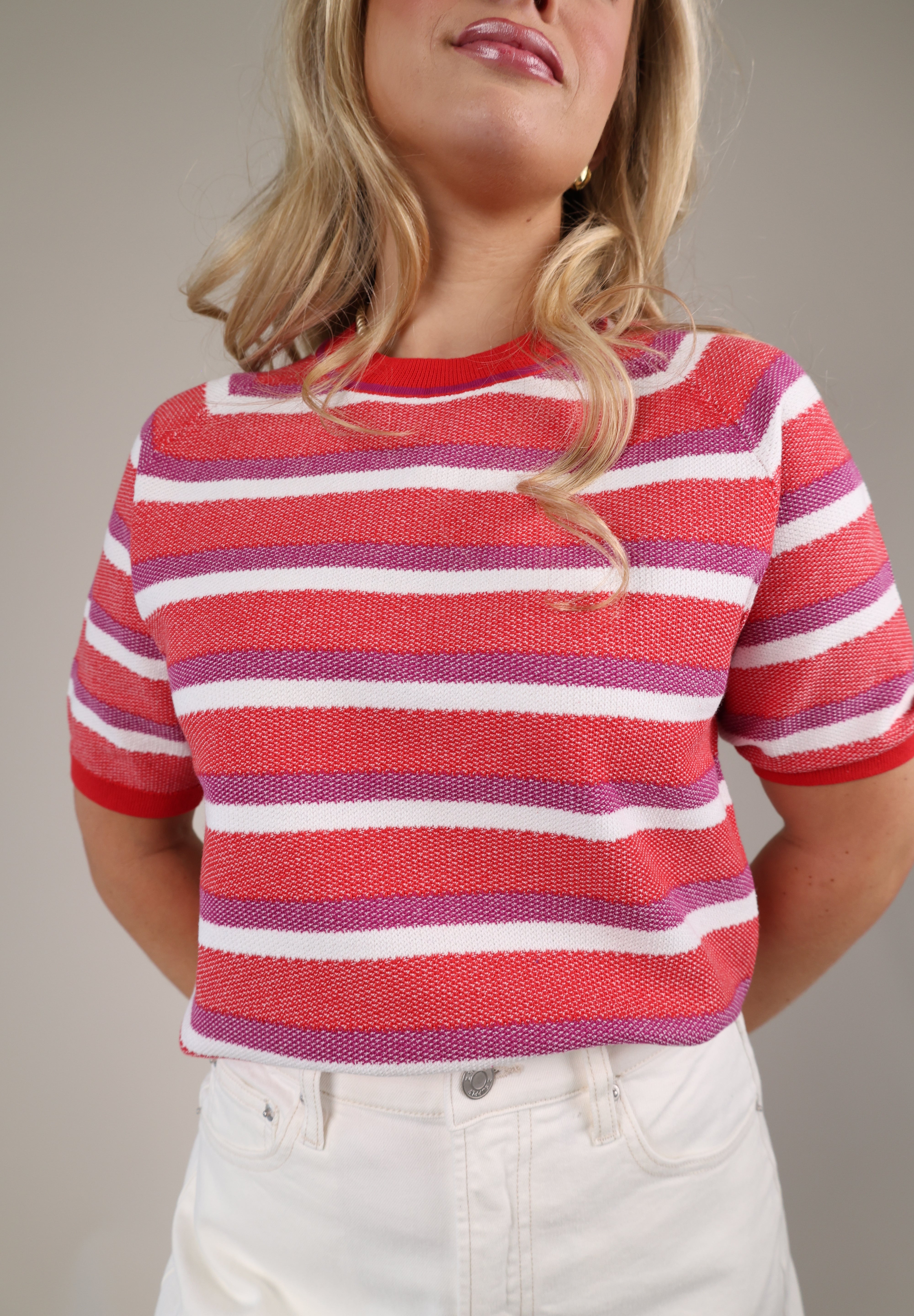 Playful Sundry stripe sweater in pink and white featuring a classic crew neckline and relaxed fit.