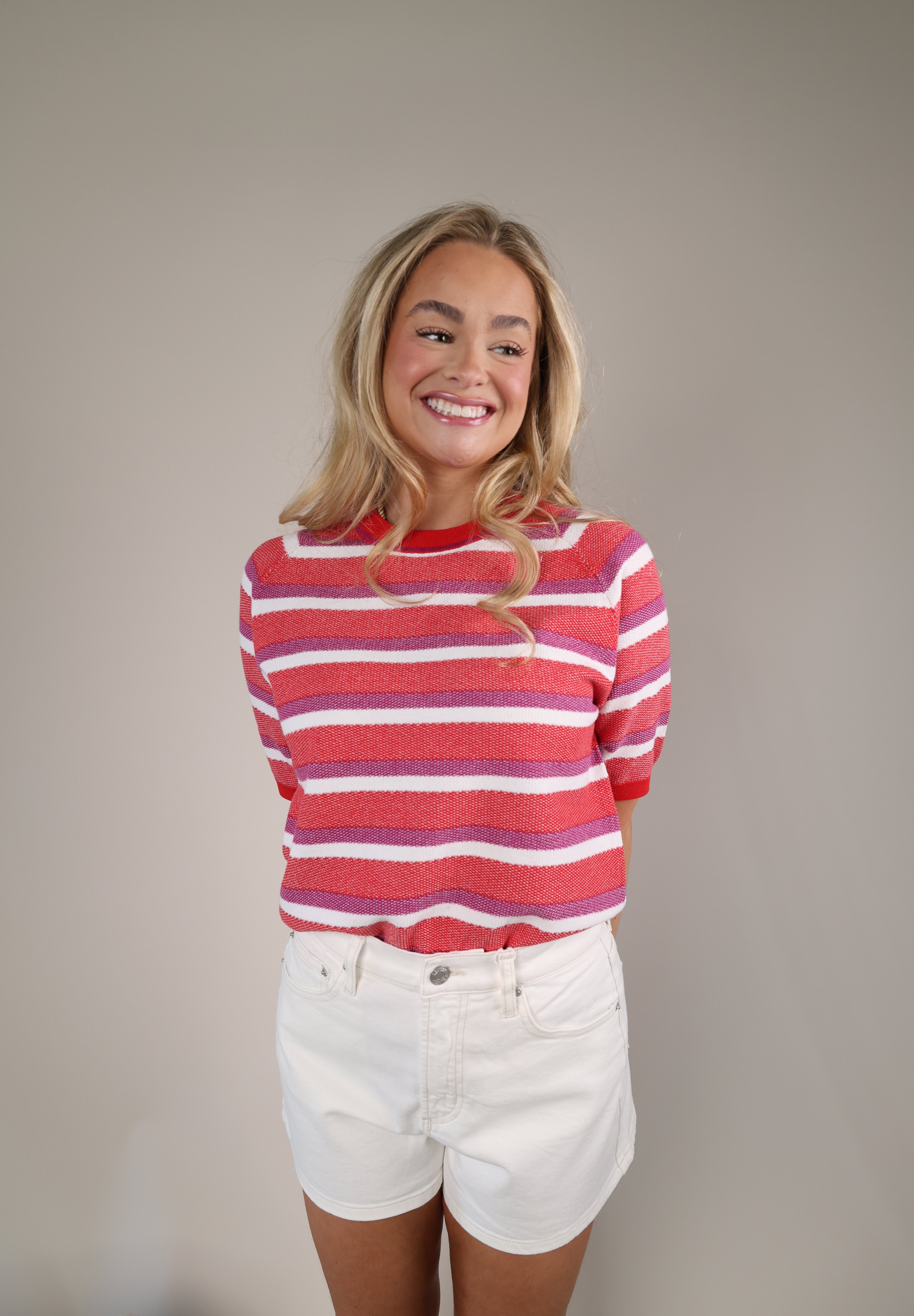 Casual Sundry stripe crewneck sweater in pink and white with a lightweight knit and relaxed silhouette.