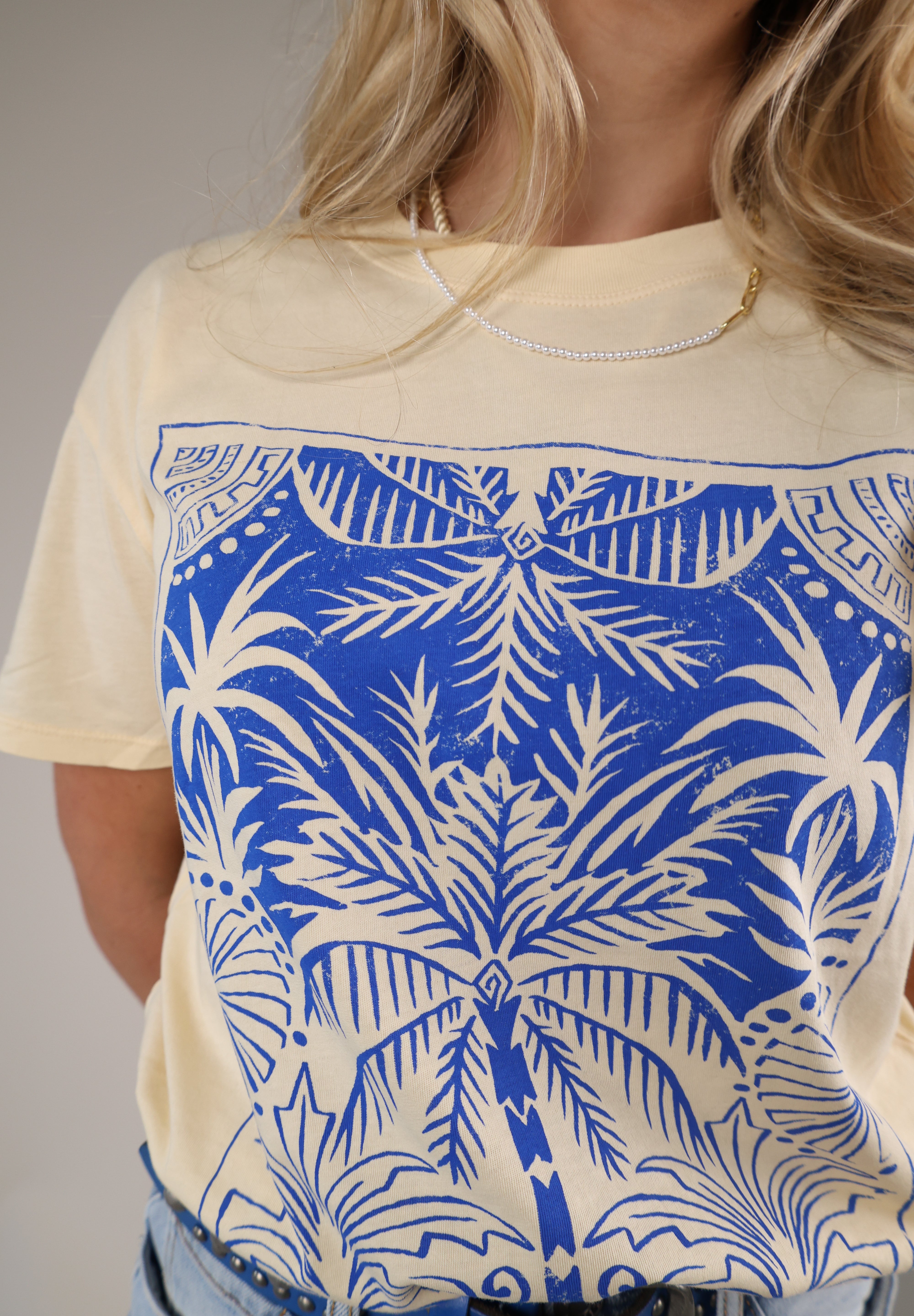 Relaxed Z Supply Palm Boyfriend t-shirt in yellow with a statement blue palm motif on the front.