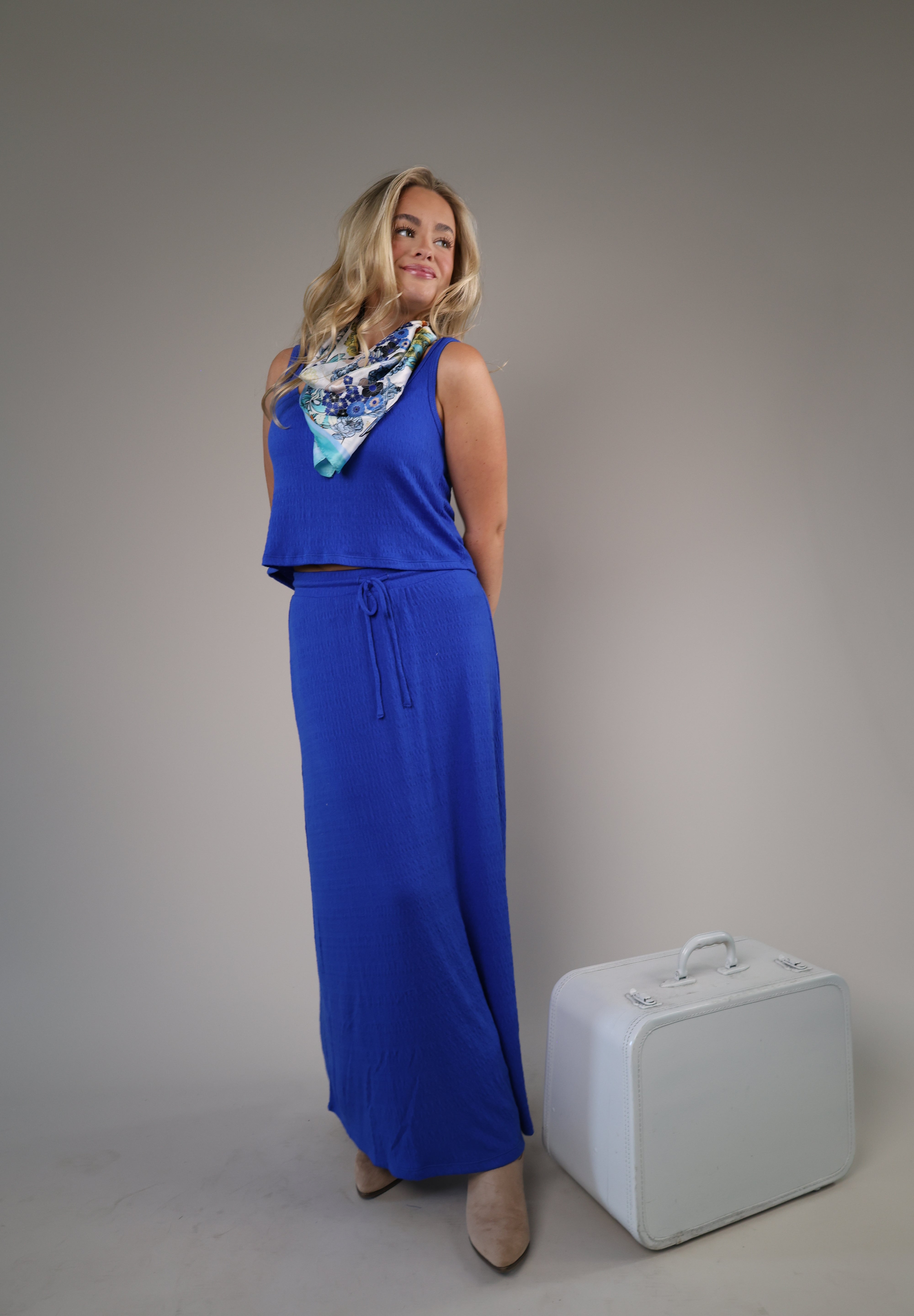 Z Supply Idris maxi skirt in cobalt blue with a lightweight textured fabric and flowy silhouette.