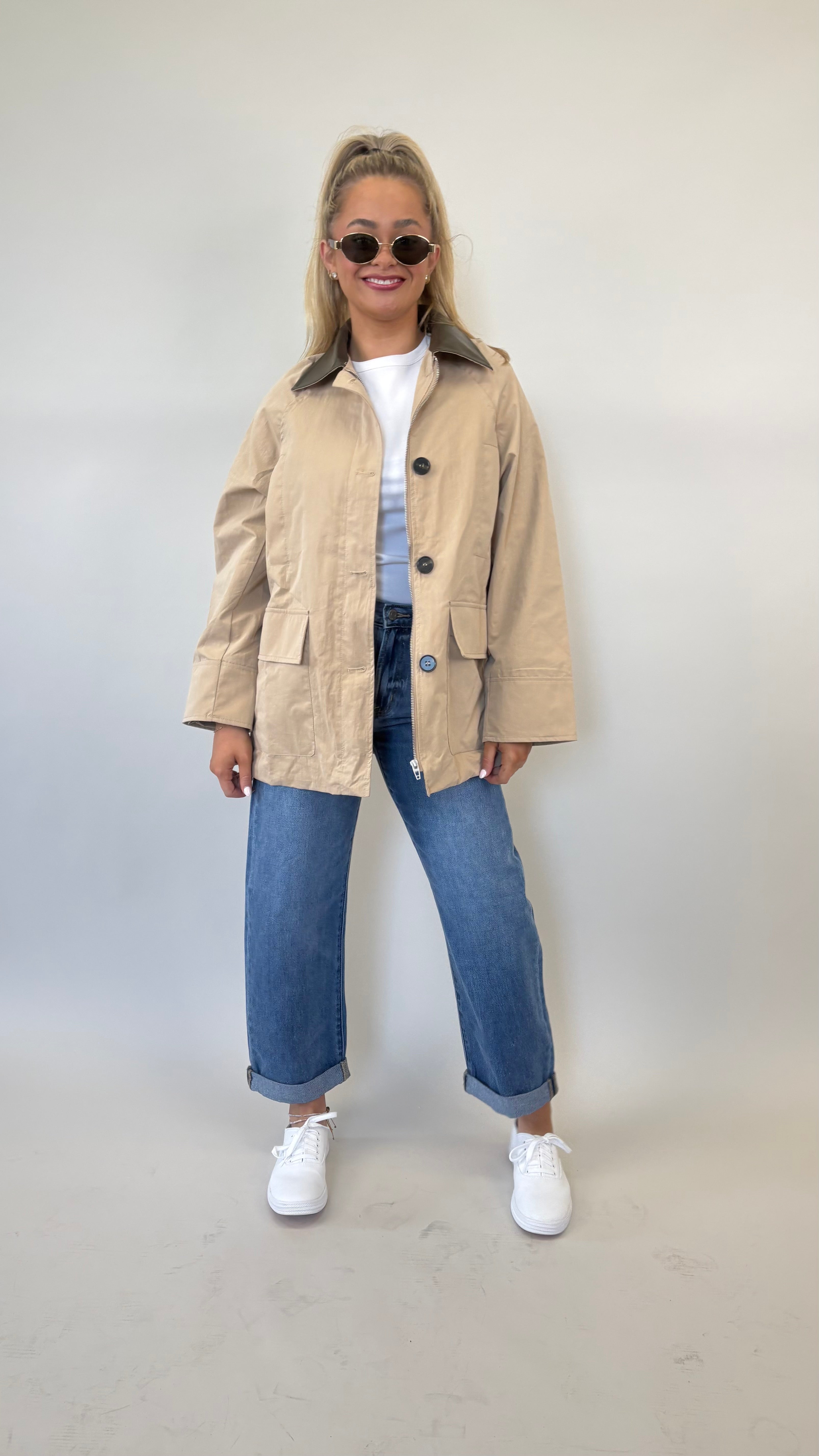 Camel Deluc Montecarlo jacket featuring faux leather trim with zip and button closure