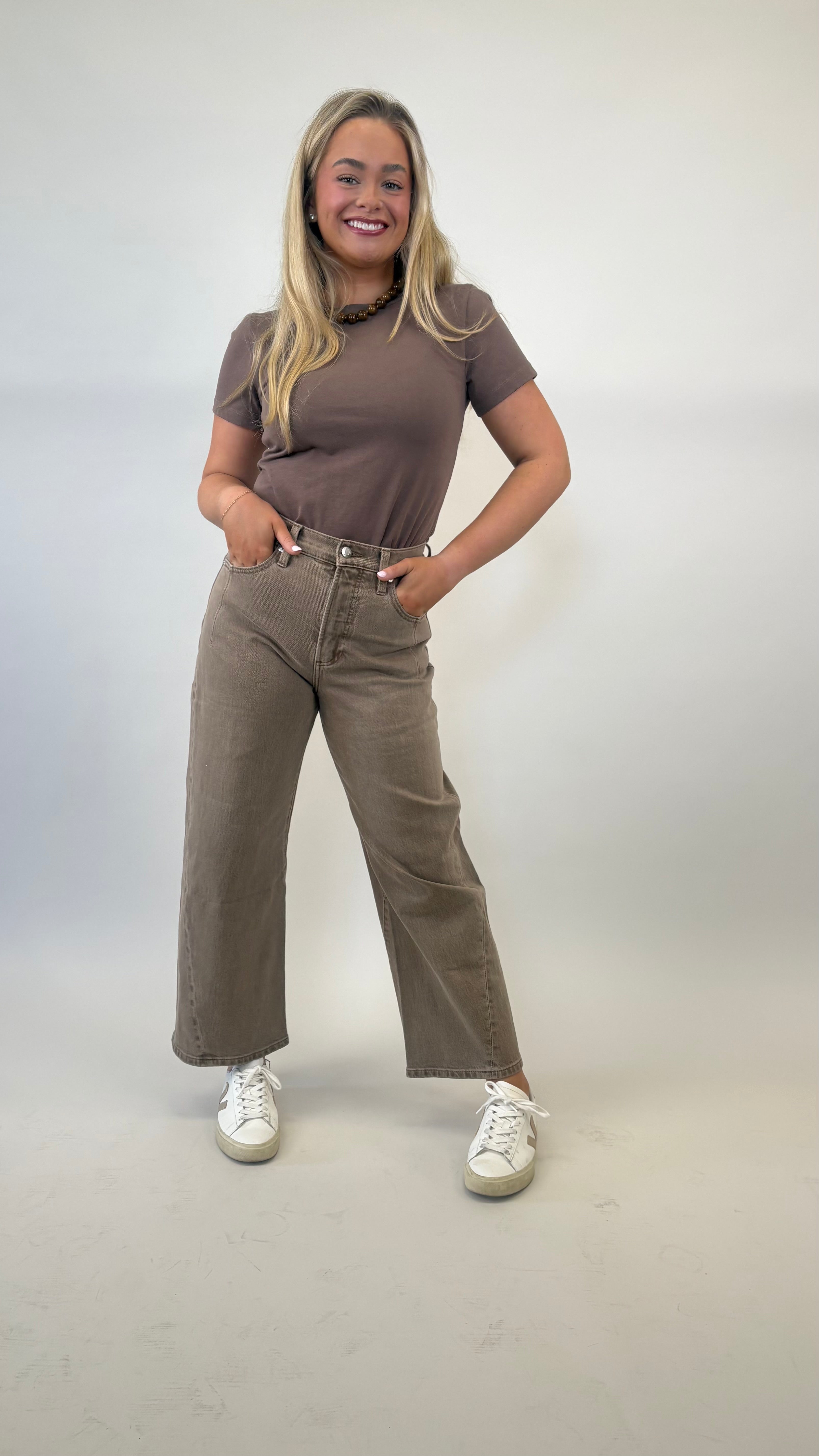 Pistola Kyra ankle jeans in brown with high rise fit and bowed wide leg silhouette