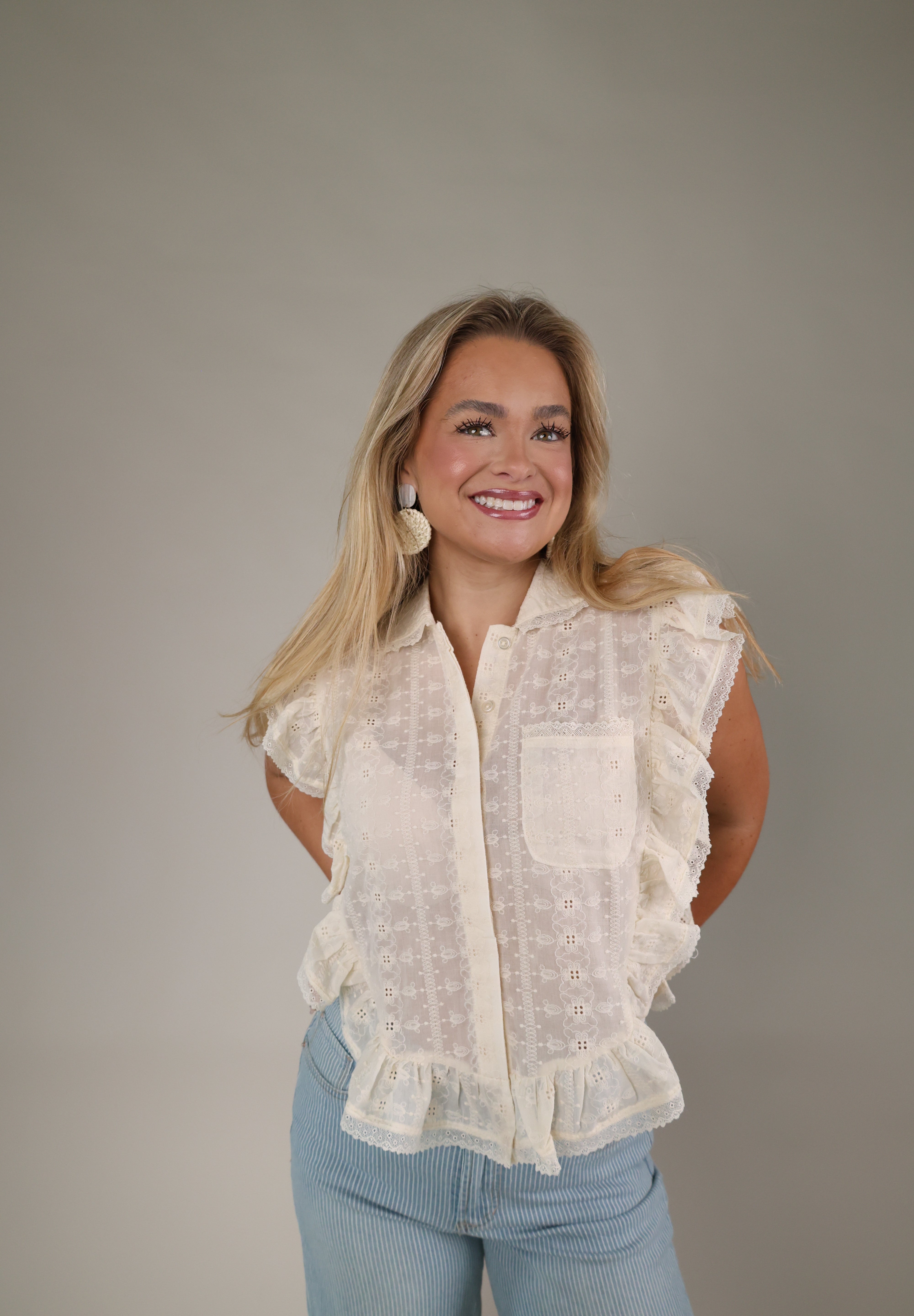 Shear Boutique white eyelet top spring 2026 women’s button front blouse feminine everyday outfit