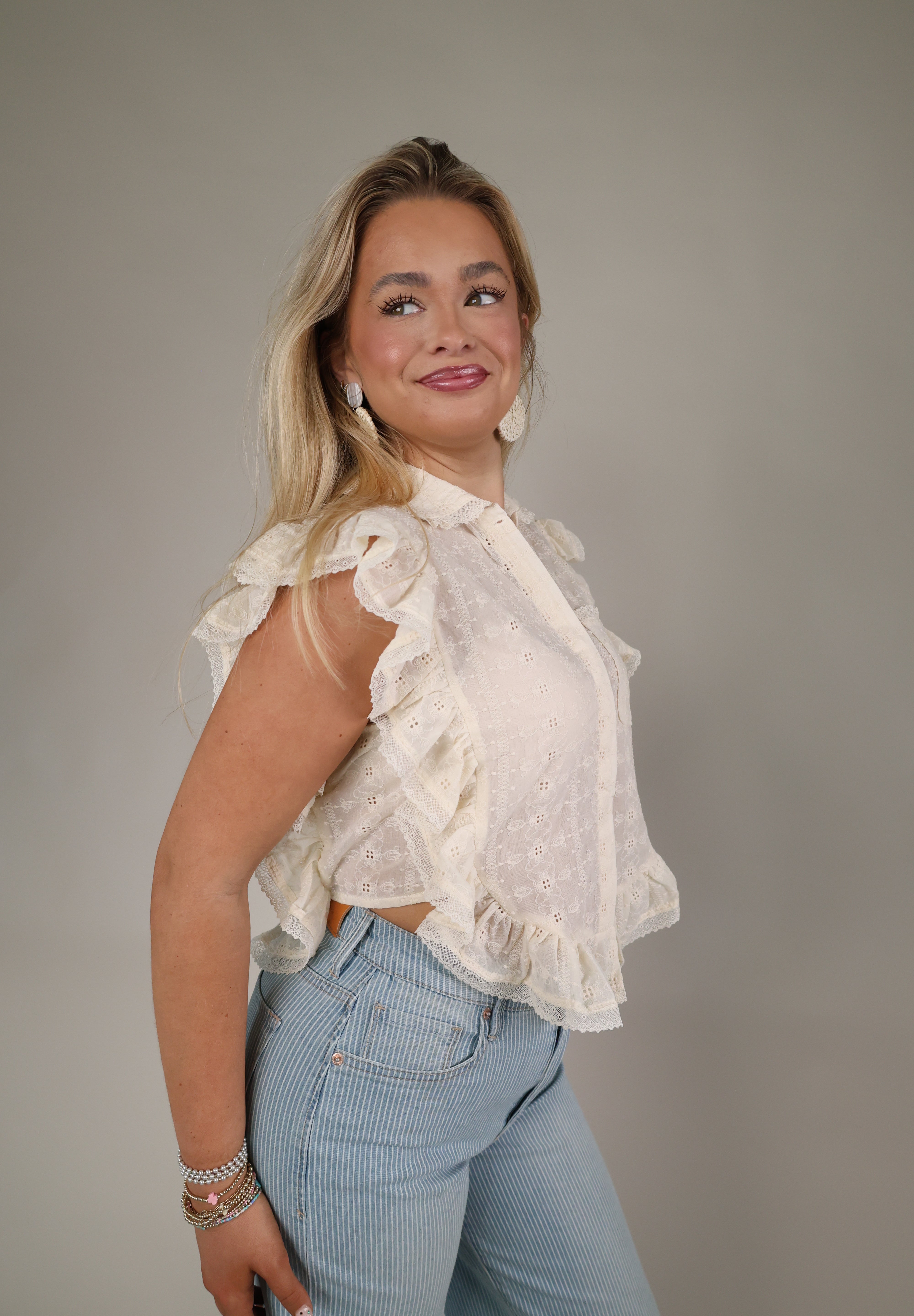 Steve Madden Adeline Top Shear Boutique spring 2026 white eyelet top ruffle detail blouse