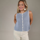 Shear Boutique Spring 2026 blue sweater vest women’s lightweight knit vest button front layering top
