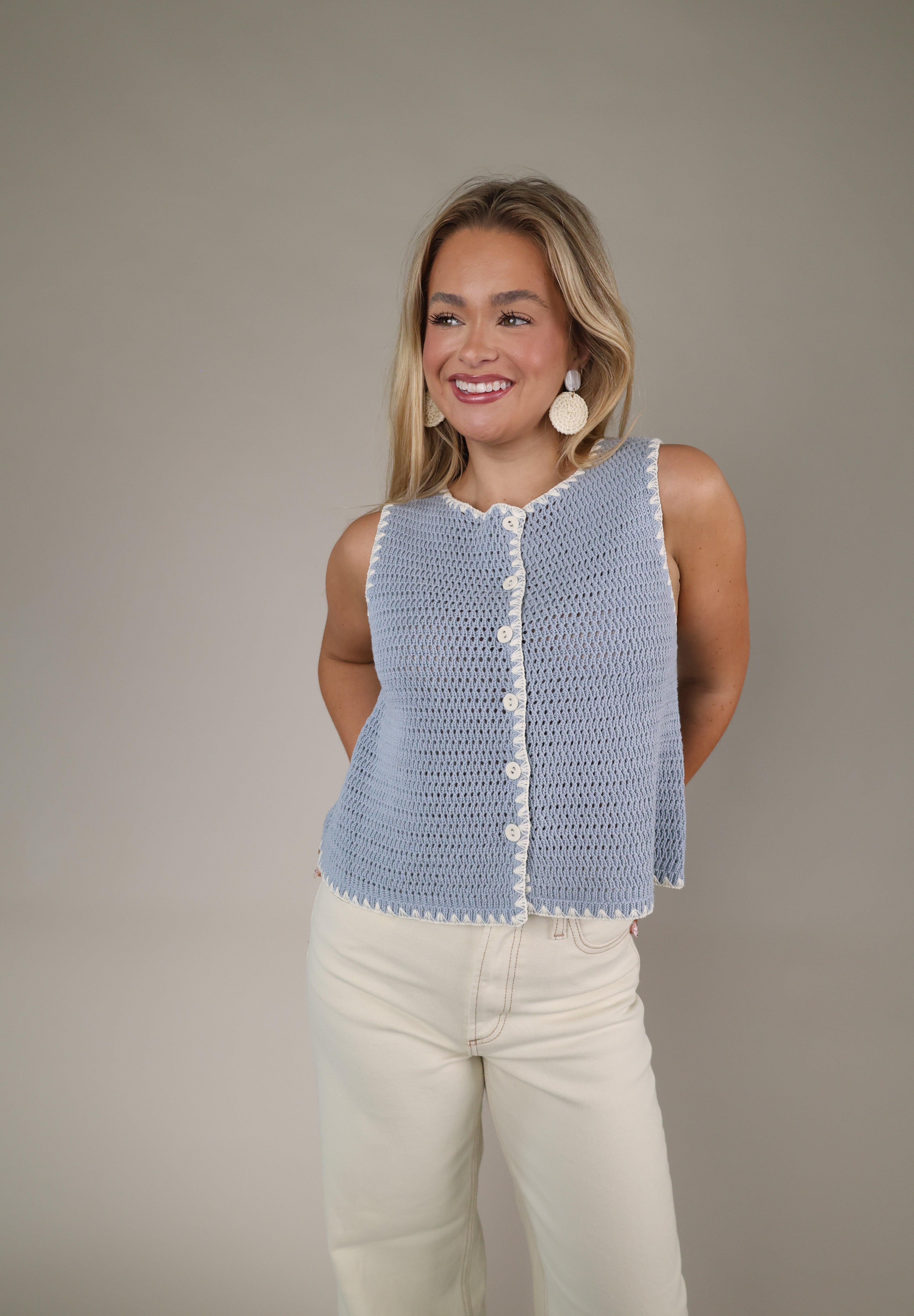 Shear Boutique Spring 2026 blue sweater vest women’s lightweight knit vest button front layering top