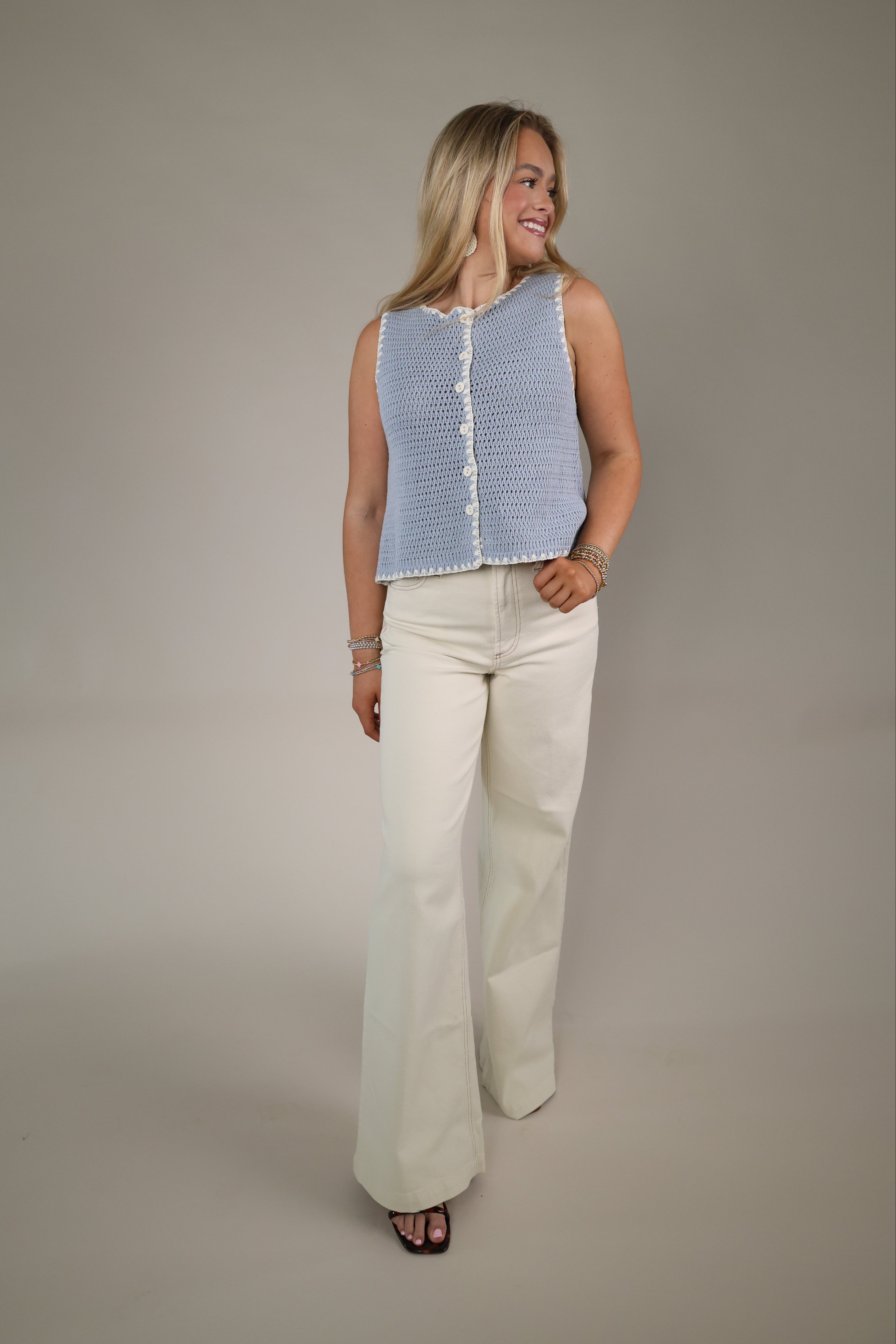 Steve Madden Annya sweater vest blue ice Shear Boutique spring 2026 sleeveless knit top