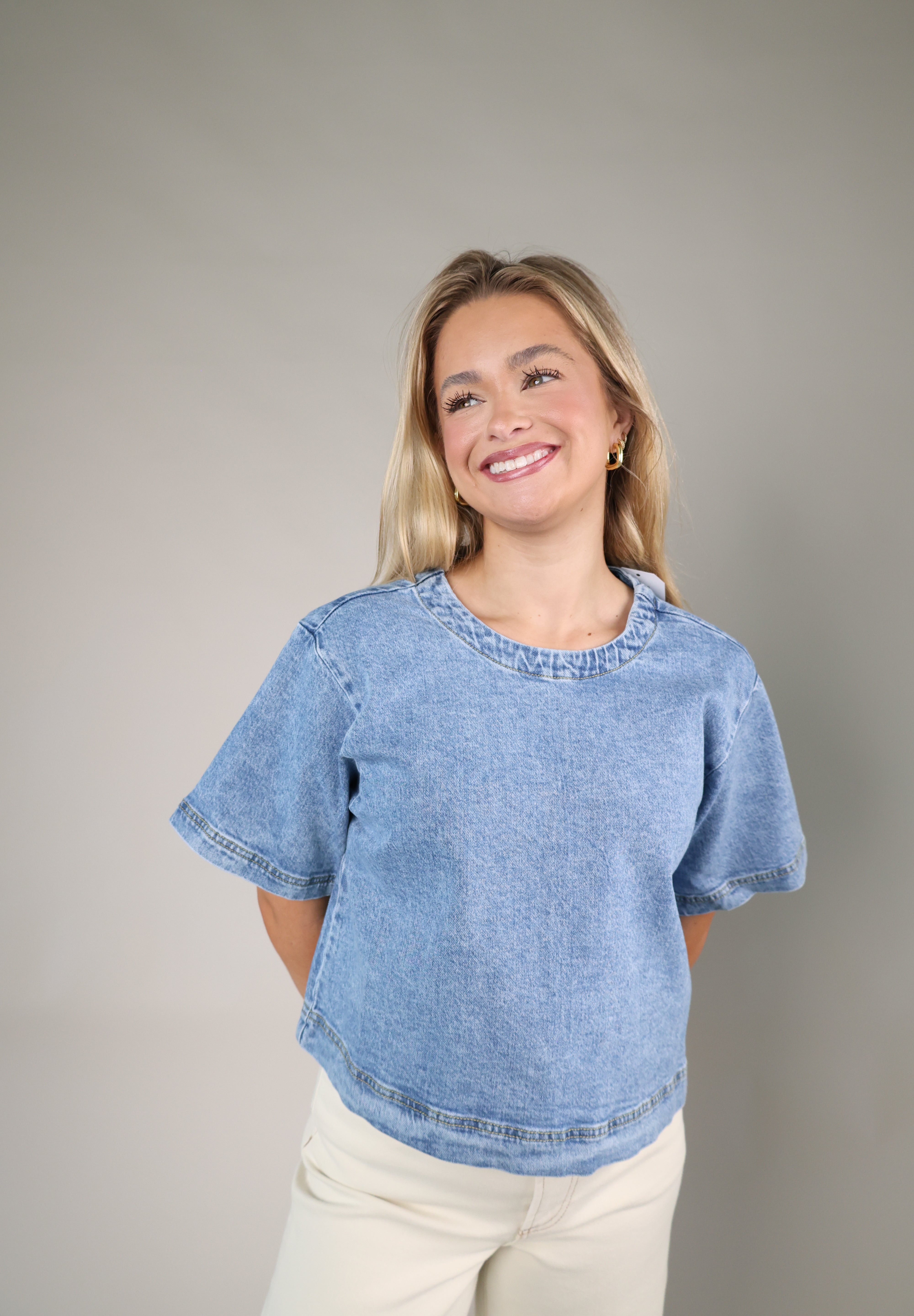 Storm blue top Shear Boutique spring 2026 lightweight denim style blouse casual outfit