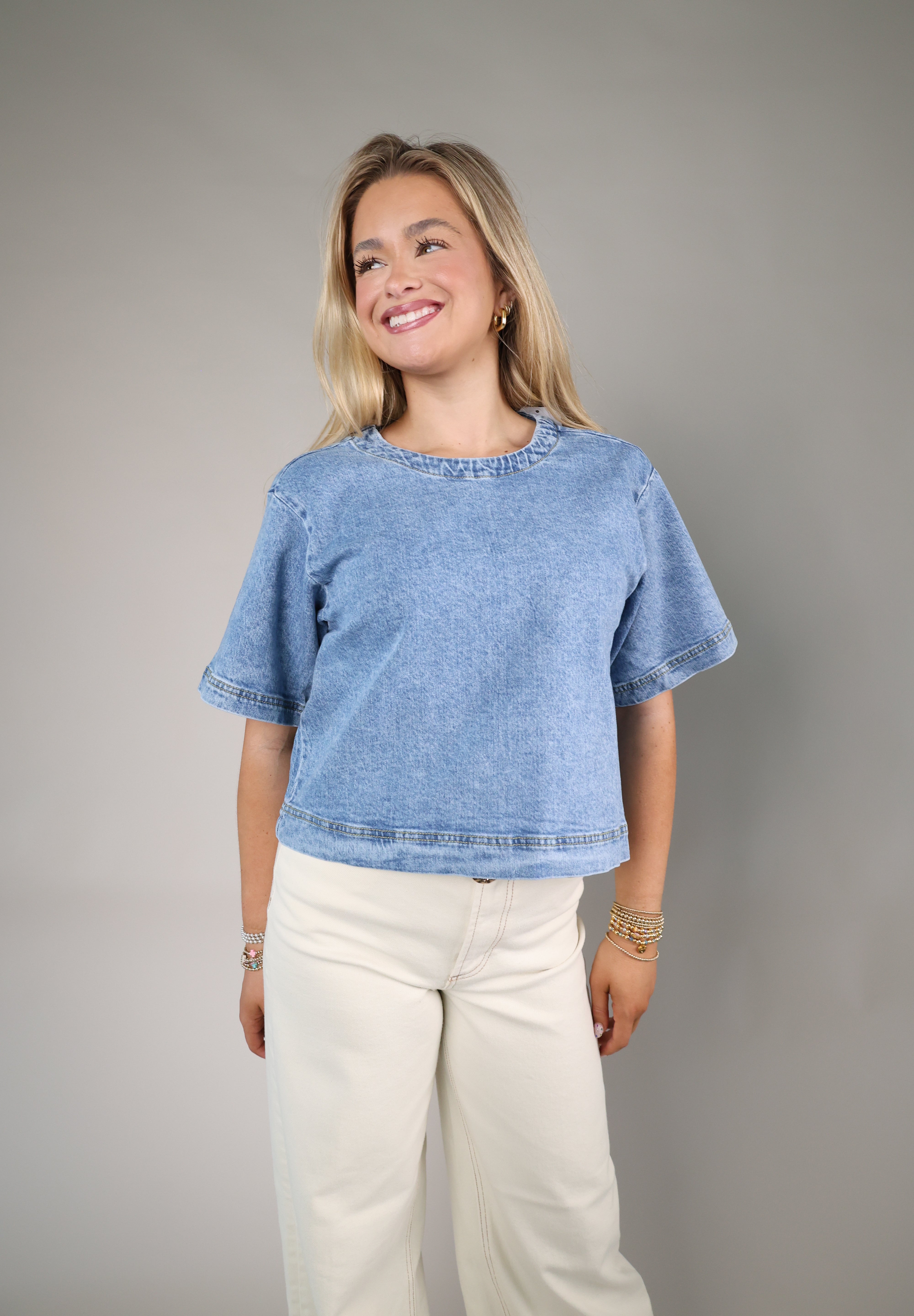 Shear Boutique Spring 2026 storm blue top women’s lightweight denim style blouse casual everyday outfit