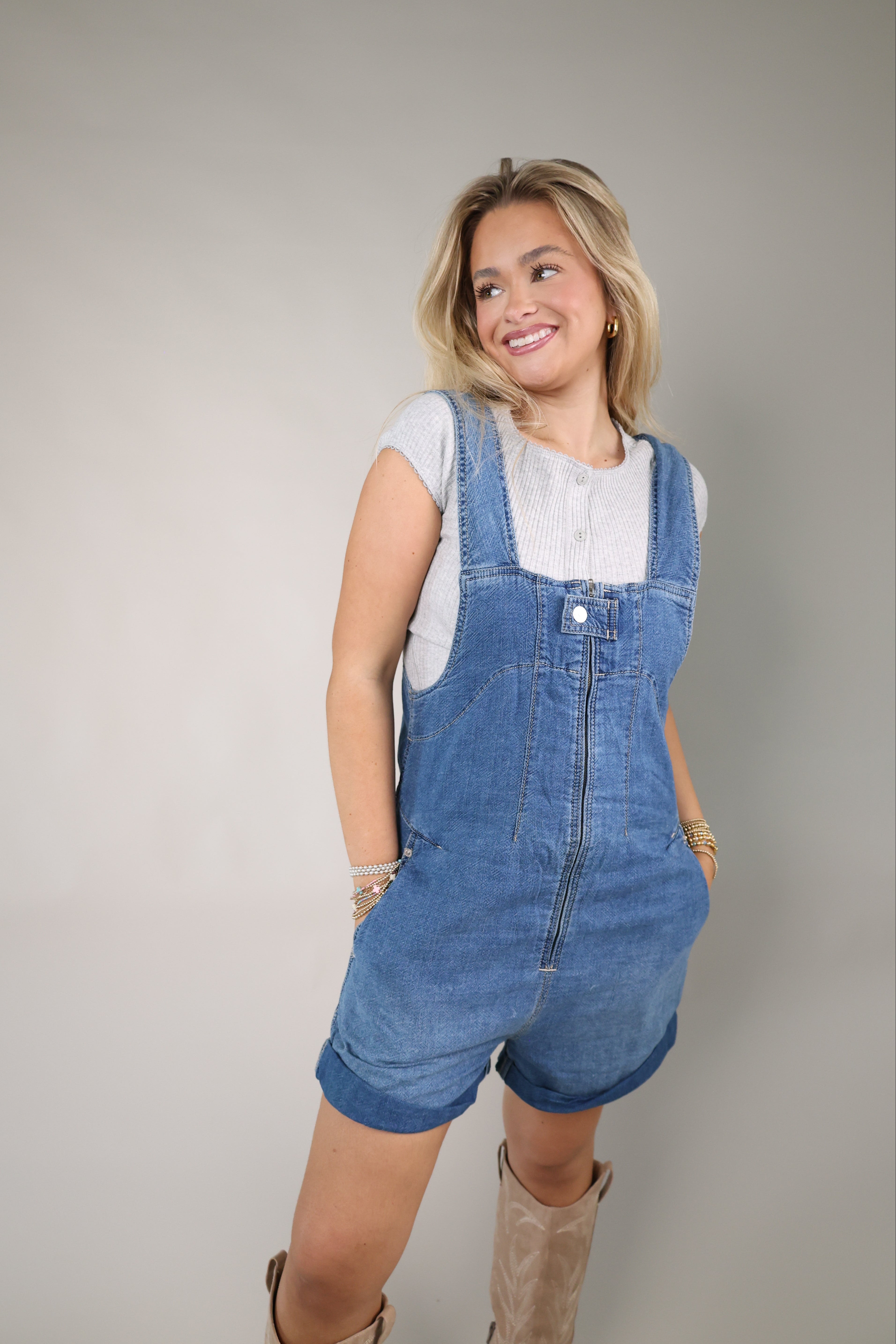 Free People Jude shortall mid indigo Shear Boutique spring 2026 denim overall shorts relaxed fit