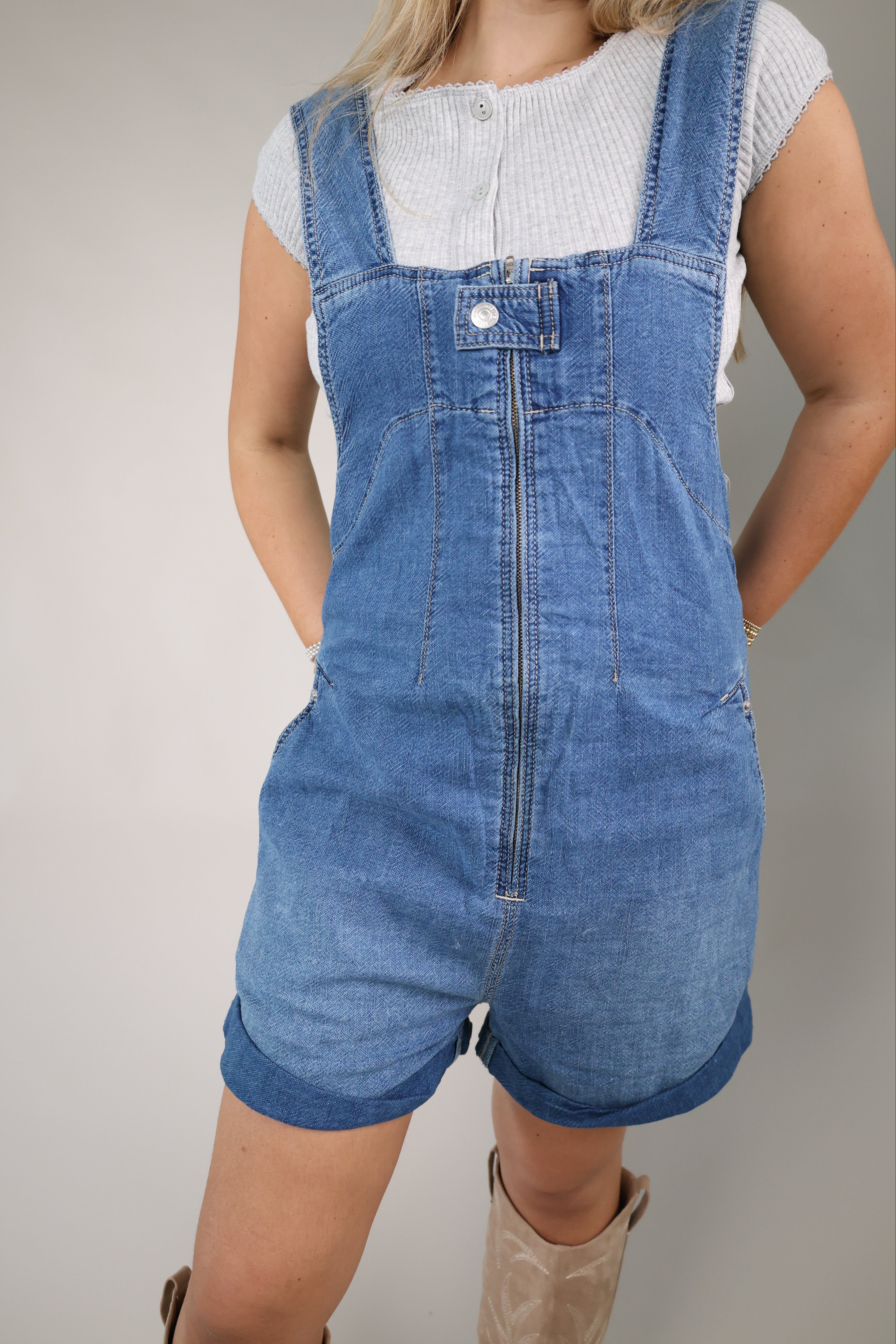 Women’s denim overall shorts Shear Boutique spring collection 2026 mid indigo shortalls outfit
