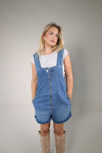 Shear Boutique Spring 2026 denim shortalls women’s mid indigo romper casual overall shorts outfit