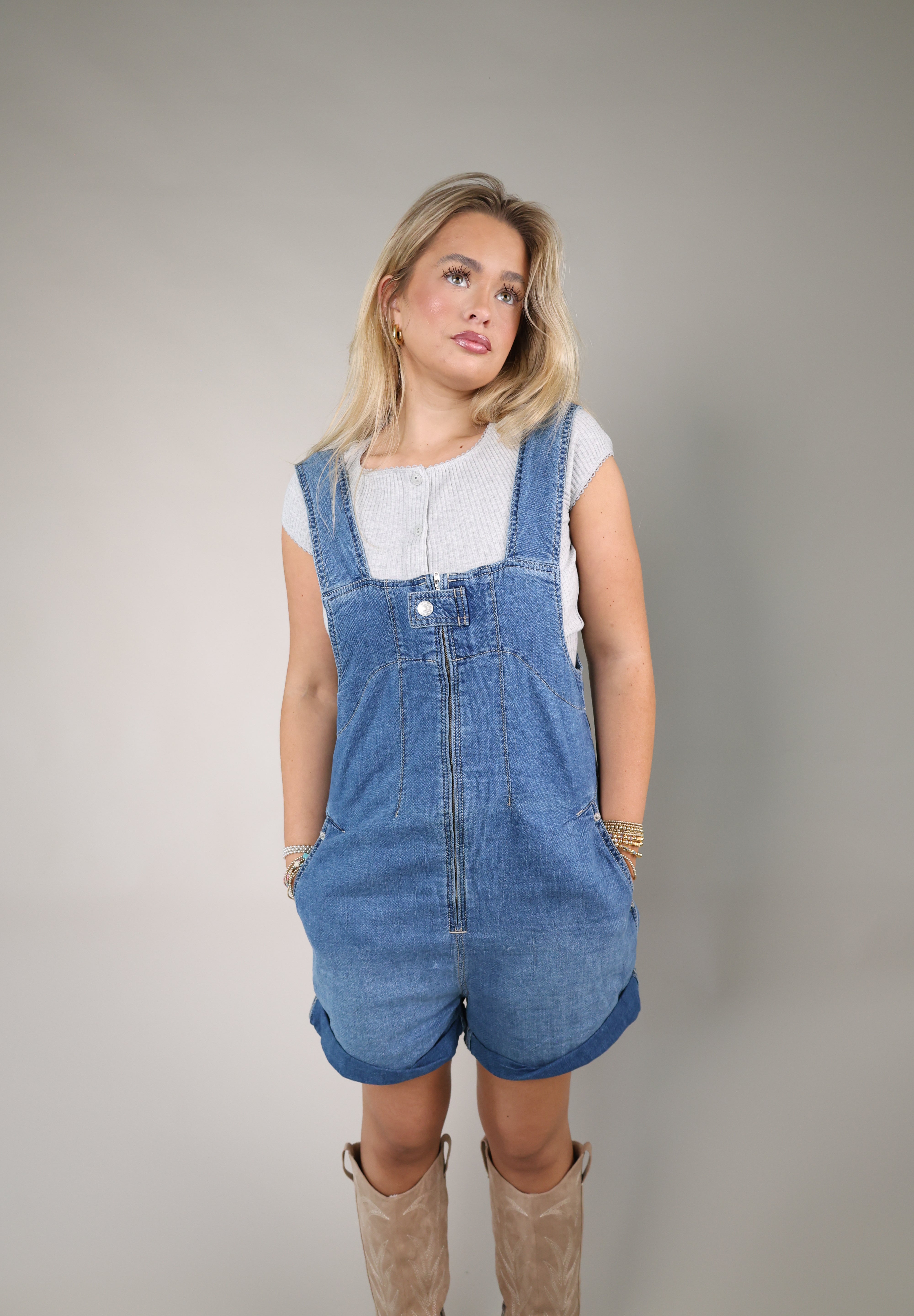 Shear Boutique Spring 2026 denim shortalls women’s mid indigo romper casual overall shorts outfit