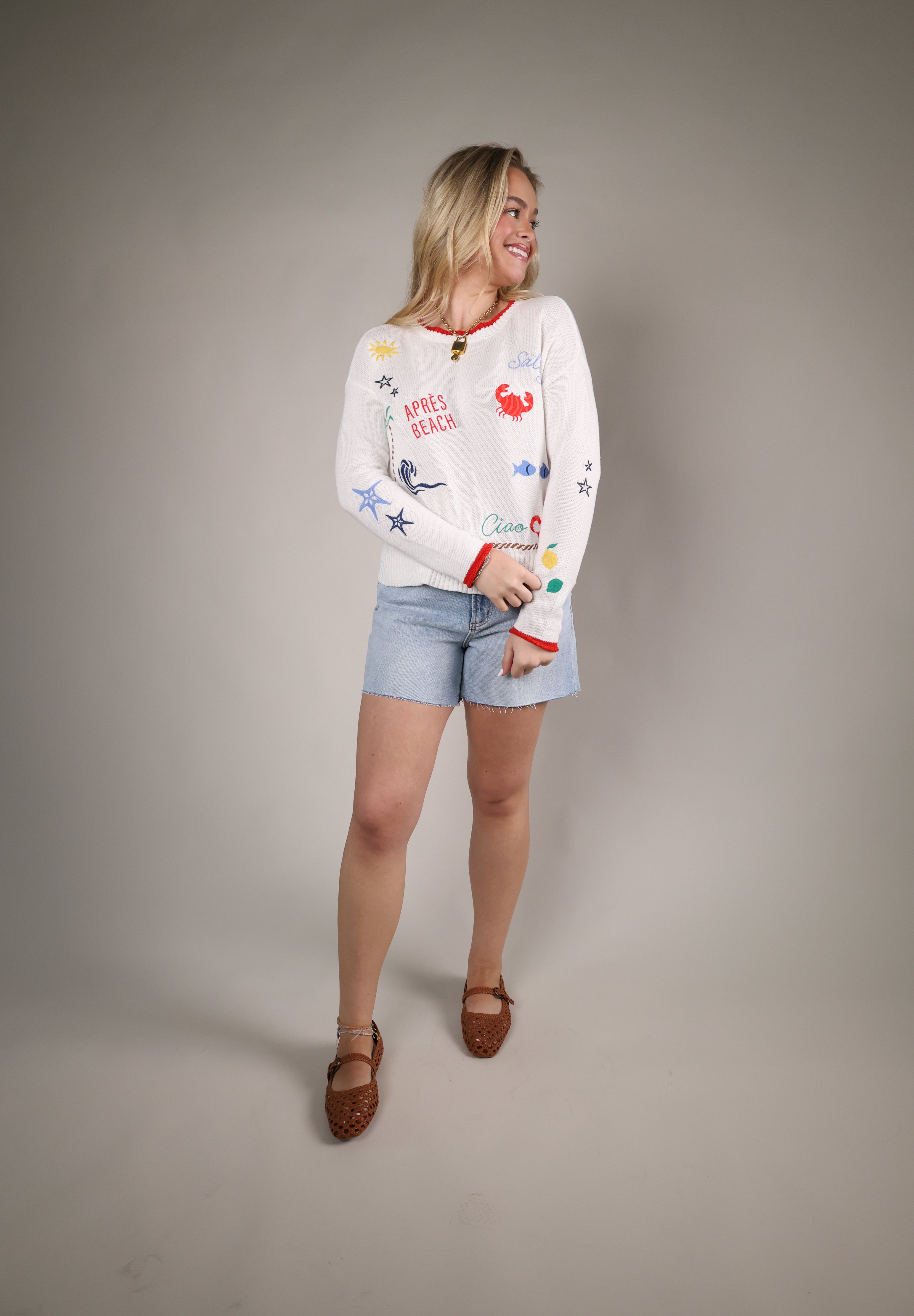 lightweight embroidered sweater women apres beach summer outfit